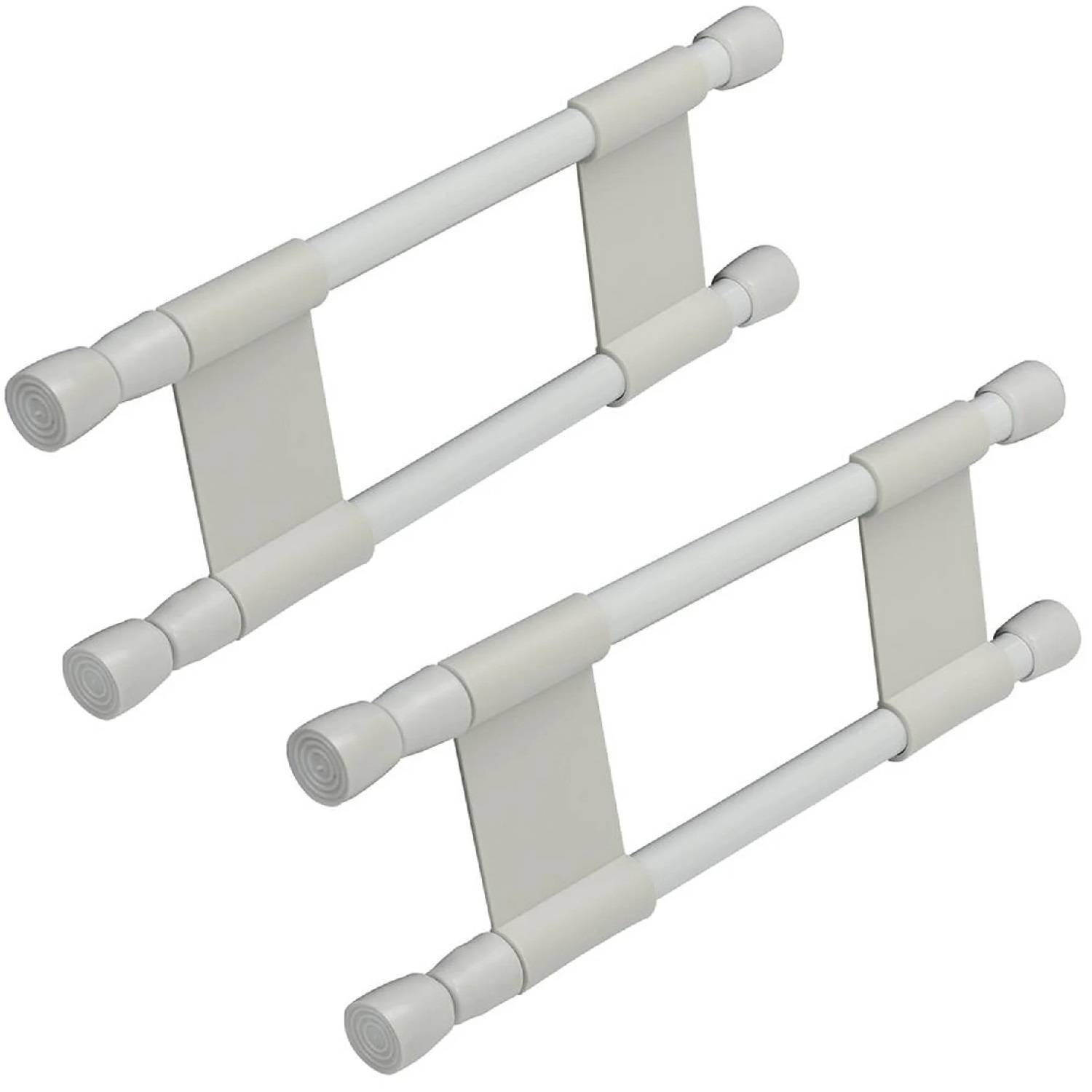 Zwei verstellbare Regalhalterungen mit weißen Stangen und rechteckigen Klammern, konzipiert zur Befestigung und Unterstützung von Regalen in verschiedenen Aufbauten.