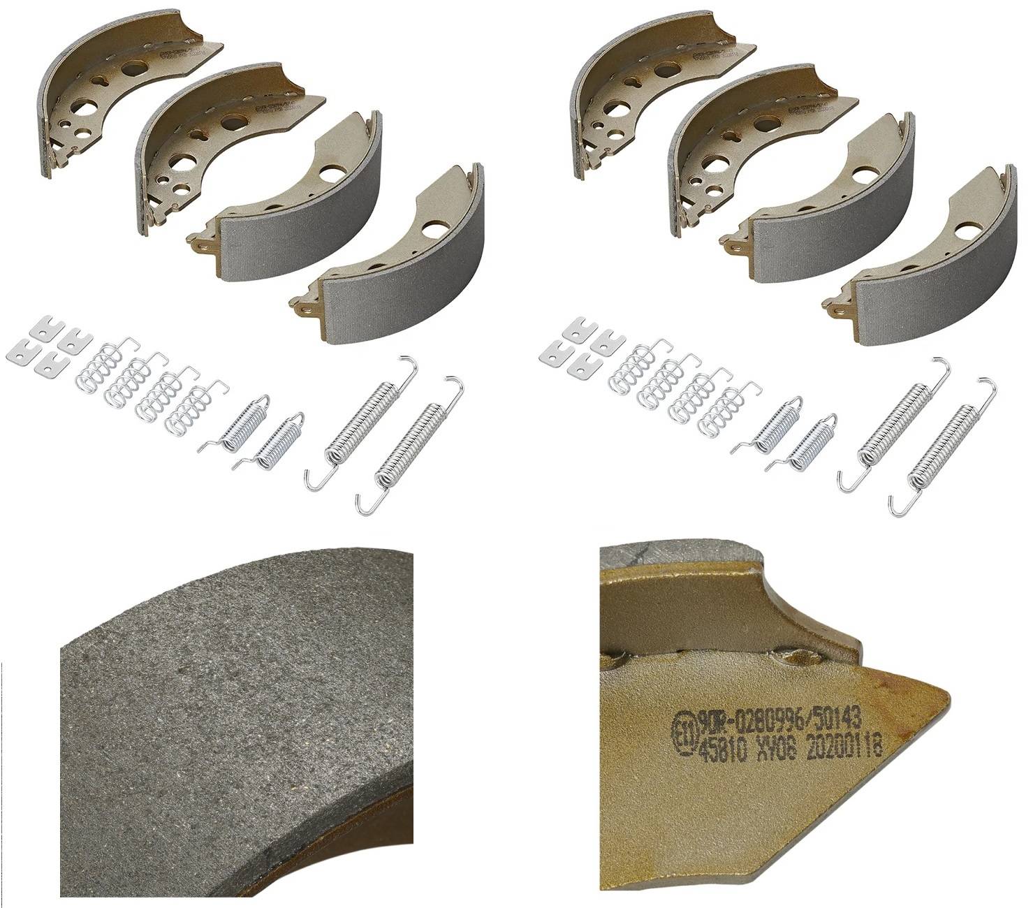 Das Bild zeigt einen Satz Bremsbacken, Federn und Clips für den Automobilbereich. Die Nahaufnahme offenbart das Reibmaterial der Bremsbacken und deren Teilenummern.