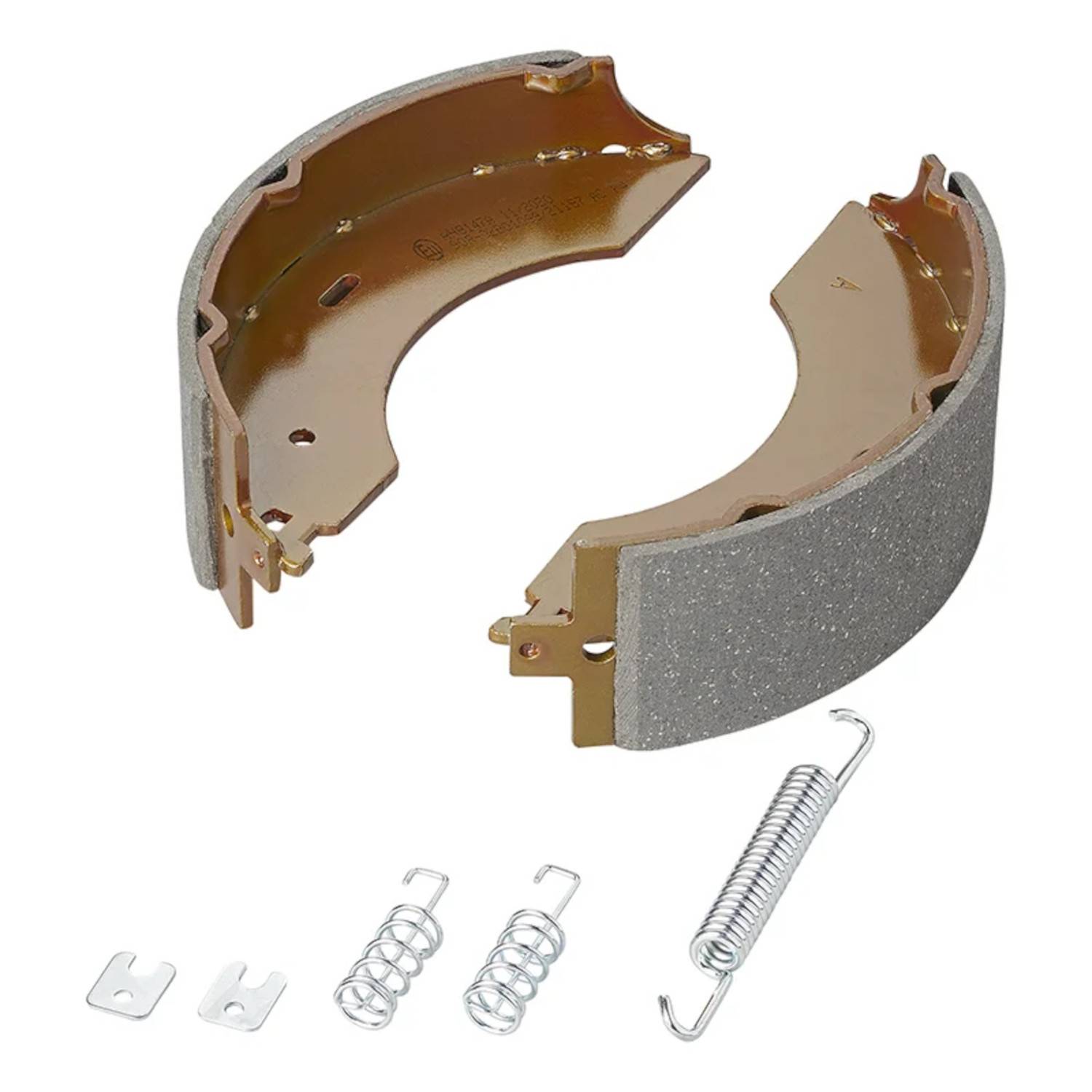 Zwei Bremsbacken für ein Trommelbremssystem mit dazugehörigen Federn und Metallklammern, auf weißem Hintergrund dargestellt.