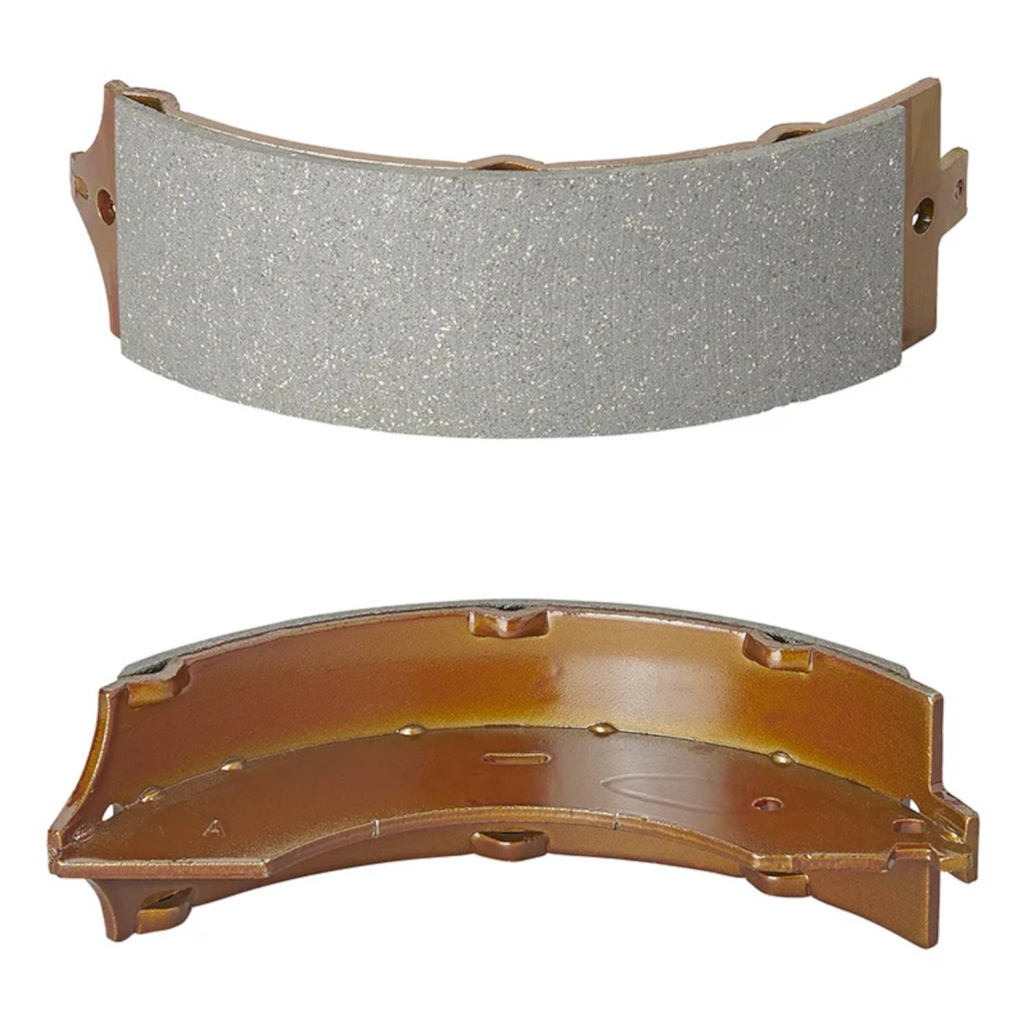 Bremsbelag mit Vorderansicht derReibfläche in metallischer Ausführung und Rückansicht, die die metallische Grundplatte zeigt.