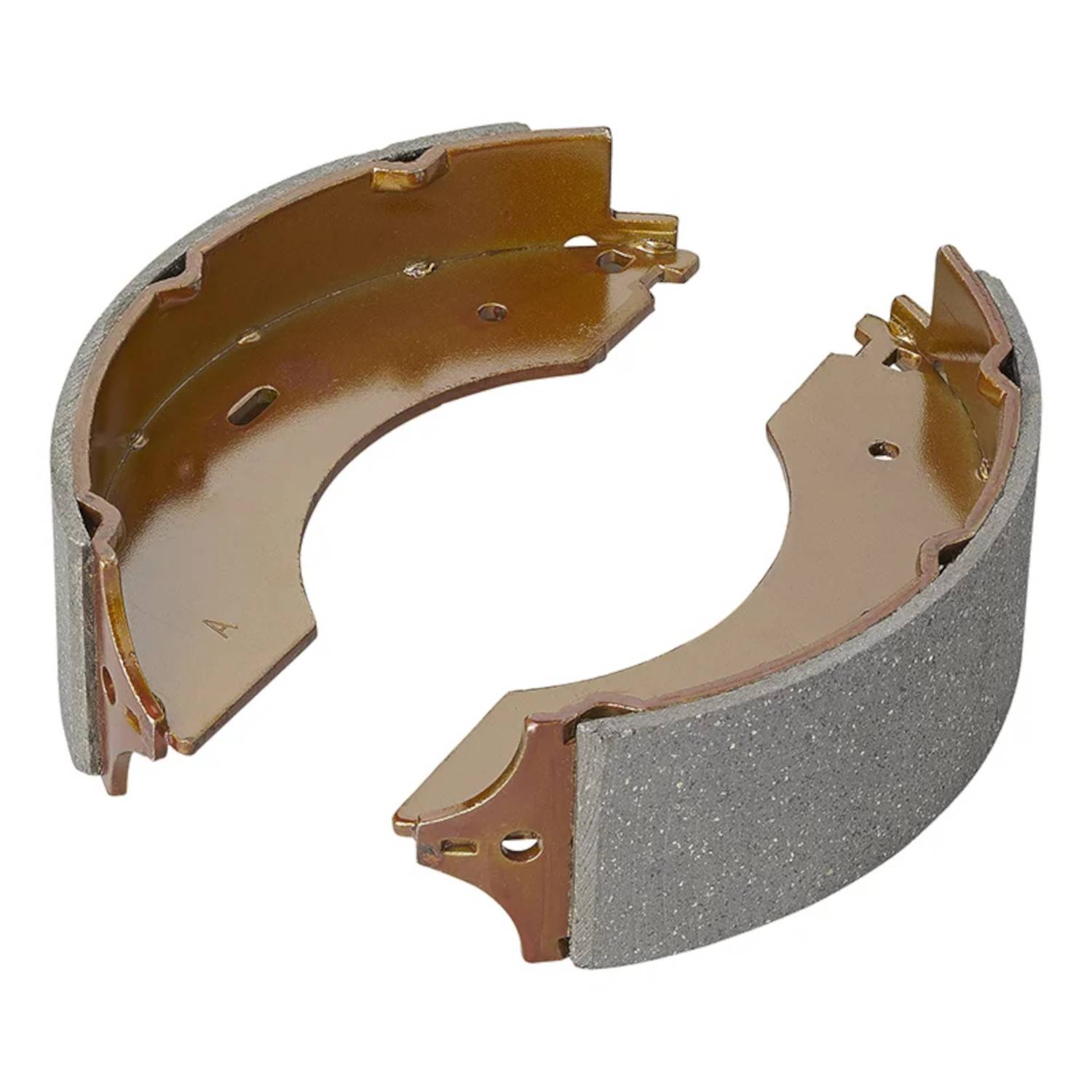 Ein Paar metallische Bremsbacken für ein Fahrzeug, die die gebogene Form und die Reibmaterialauskleidung zeigen.