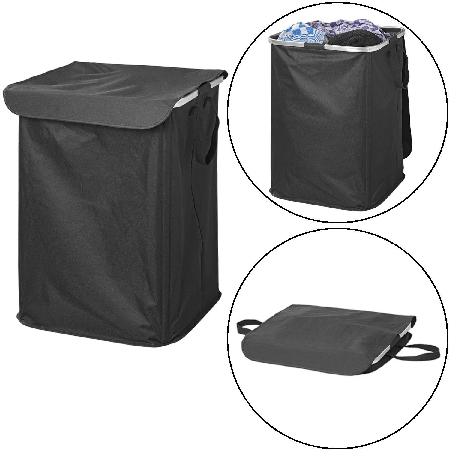 Ein schwarzer Wäschekorb aus Stoff mit Deckel. Oberes Bild zeigt ihn gefüllt mit Kleidung. Unteres Bild zeigt ihn flach zusammengefaltet.
