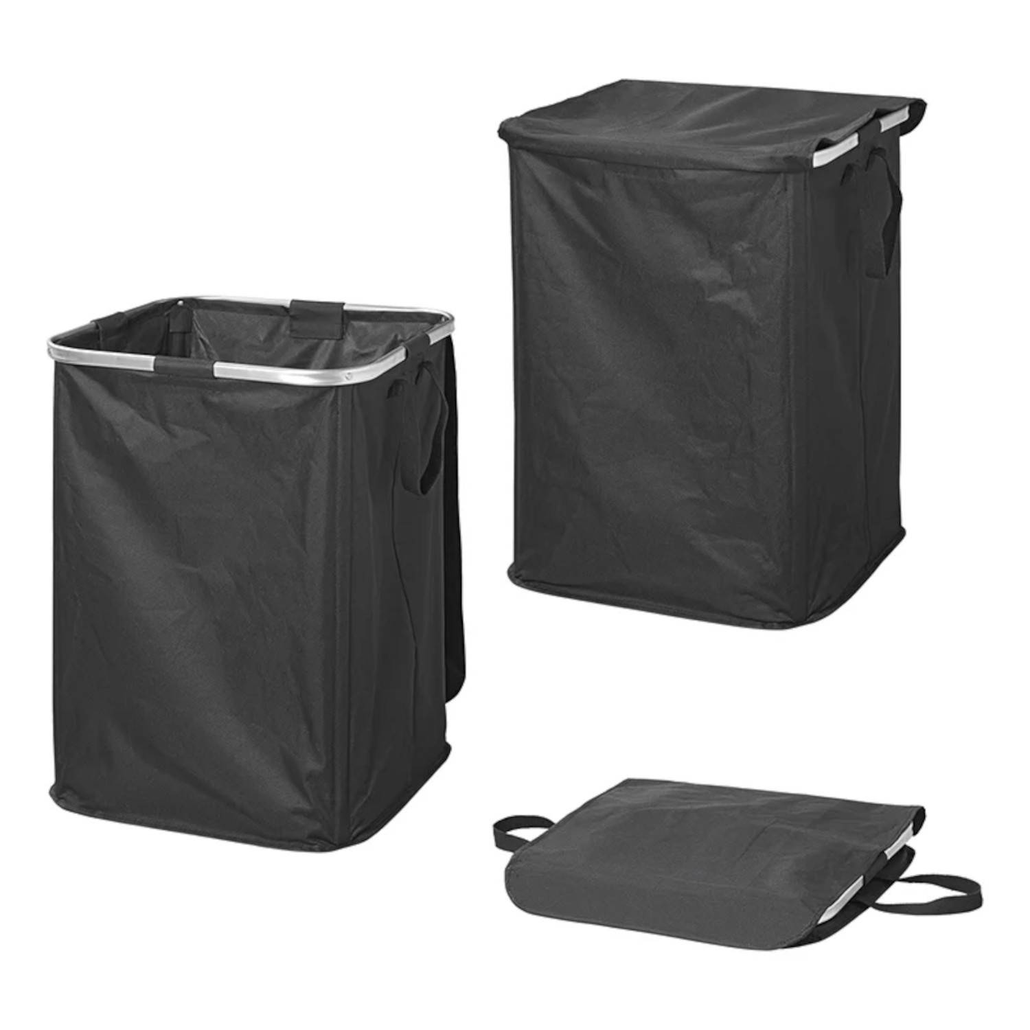 Drei schwarze zusammenklappbare Wäschesäcke: einer geöffnet, einer geschlossen und einer flach zusammengefaltet, jeweils mit Tragegriffen für einfaches Tragen.