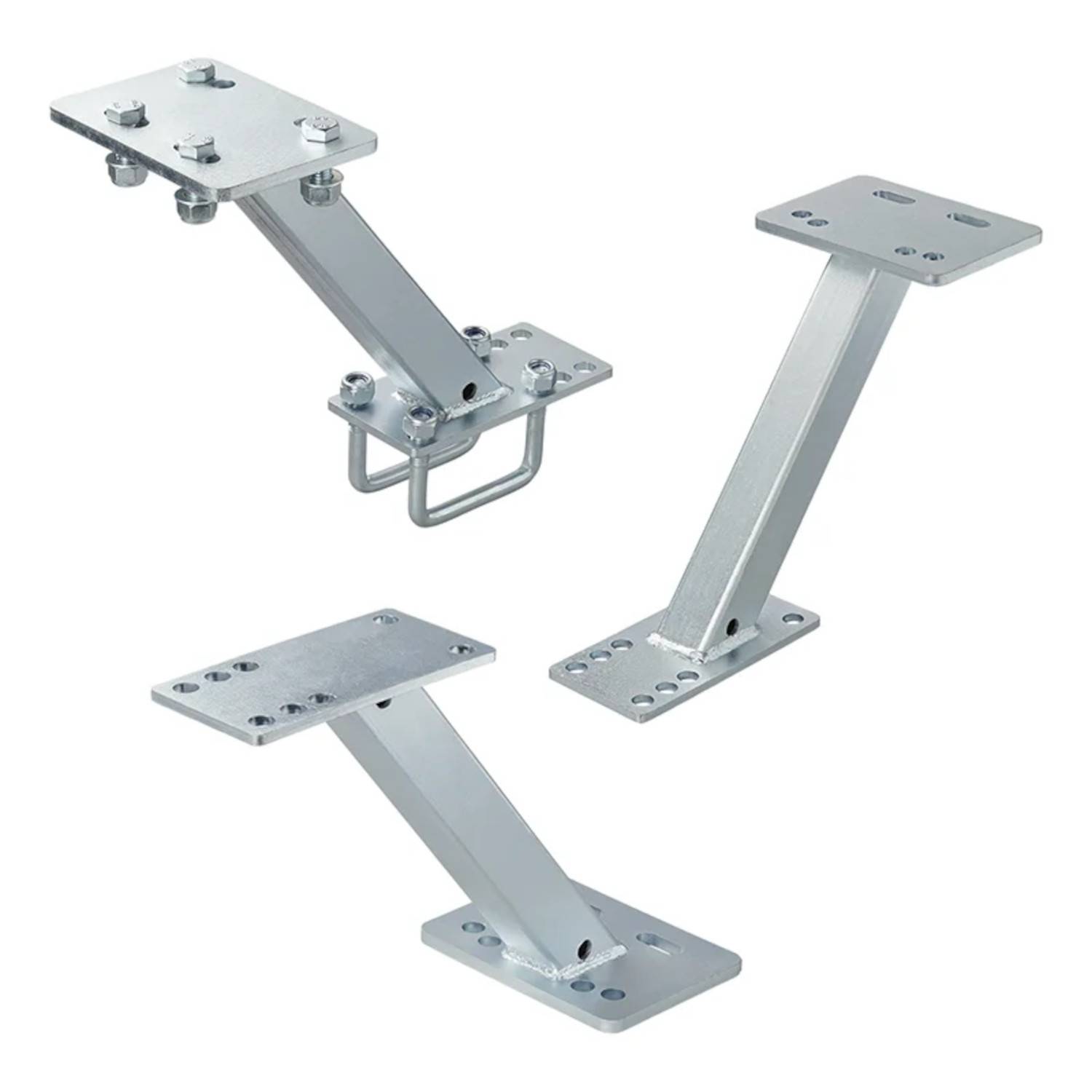 Drei Metallhalterungen mit Befestigungslöchern für architektonische oder Konstruktionszwecke, die verschiedene Winkel und Designs präsentieren.