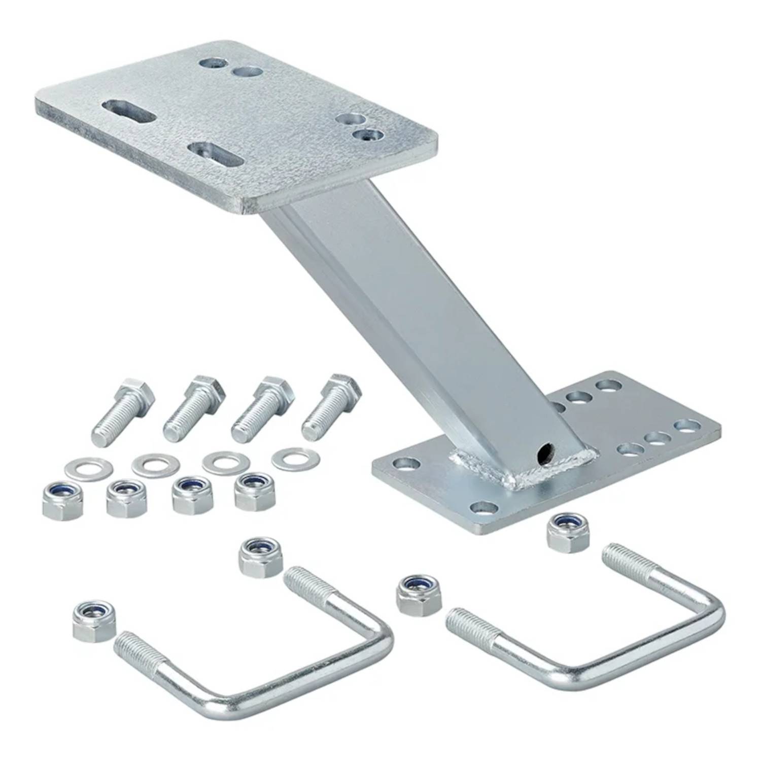 Metallbefestigungsklammern-Set mit Schrauben, Muttern, Unterlegscheiben und U-Bolzen, entwickelt für eine sichere Installation von Strukturen oder Ausrüstung.