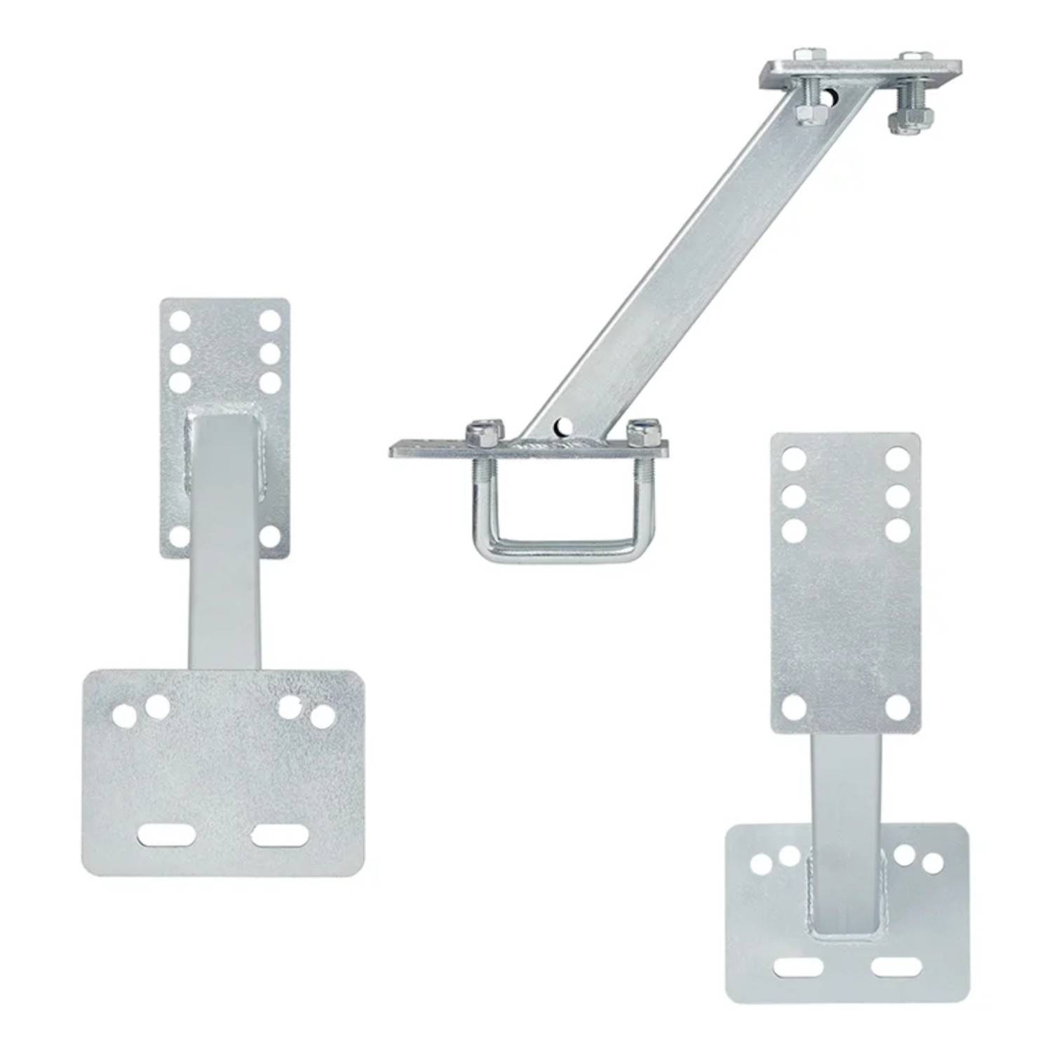 Drei Metallkomponenten für Tordesign: zwei flache Halterungen mit mehreren Schraubenlöchern und eine gewinkelte Stange mit U-Bolzen zur Abstützung.