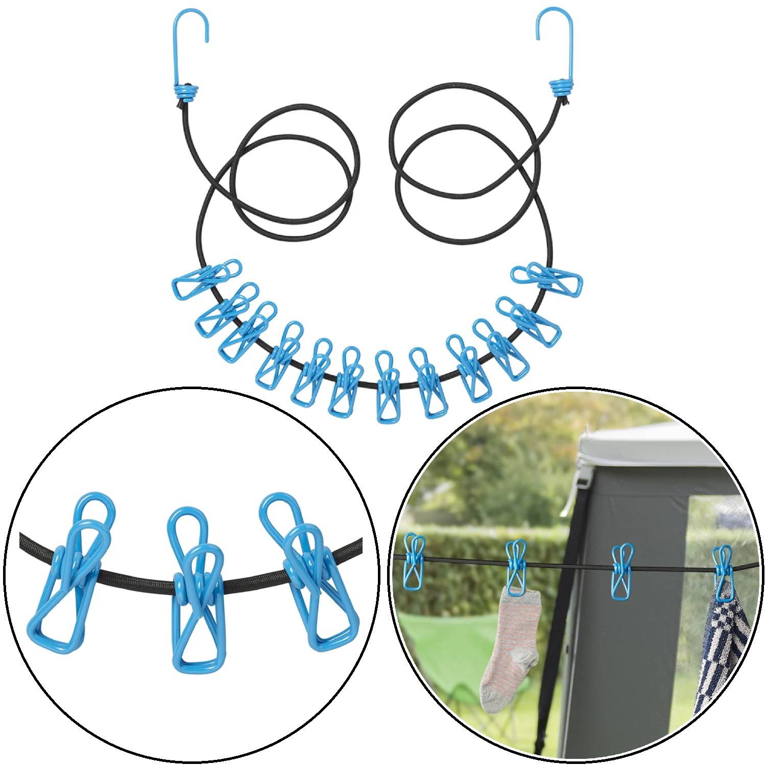 Eine schwarze elastische Wäscheleine mit blauen Wäscheklammern, die zum Aufhängen von Wäsche vorgesehen ist. Kreisförmige Einblendungen zeigen Nahaufnahmen der Klammern und deren Verwendung in einer Outdoor-Umgebung.