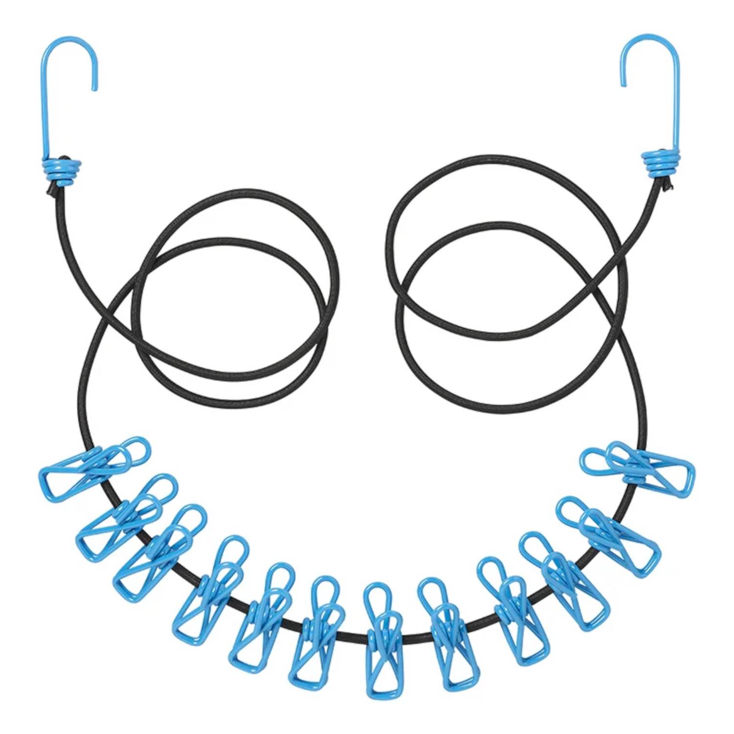 Eine aufgewickelte schwarze Gummischnur mit blauen Kunststoffklammern, versehen mit Haken an beiden Enden zum Aufhängen.