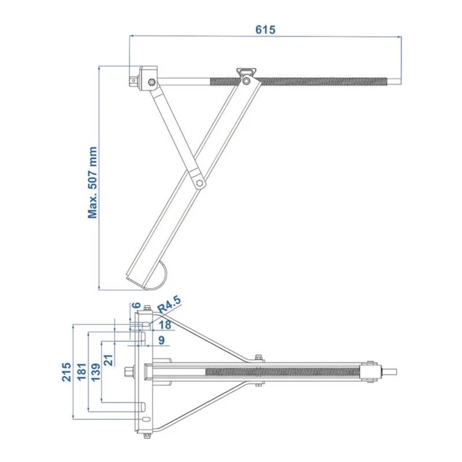 Technische Zeichnung eines Gelenkarms mit Maßangaben. Maximale Höhe 507 mm, Breite 615 mm. Front- und Seitenansicht dargestellt.