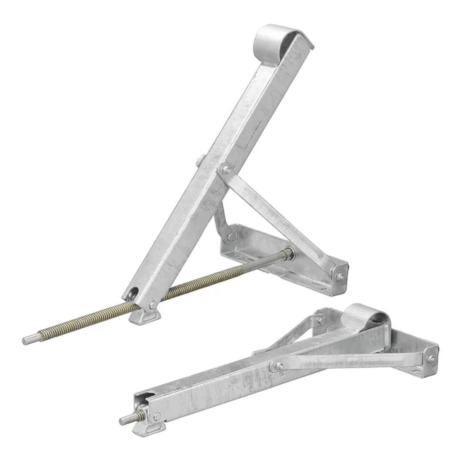 Zwei silberne Metallklammern mit Schraubolchern und Scharnieren, die zum Befestigen von Objekten oder Materialien verwendet werden, werden vor einem einfarbigen Hintergrund präsentiert.