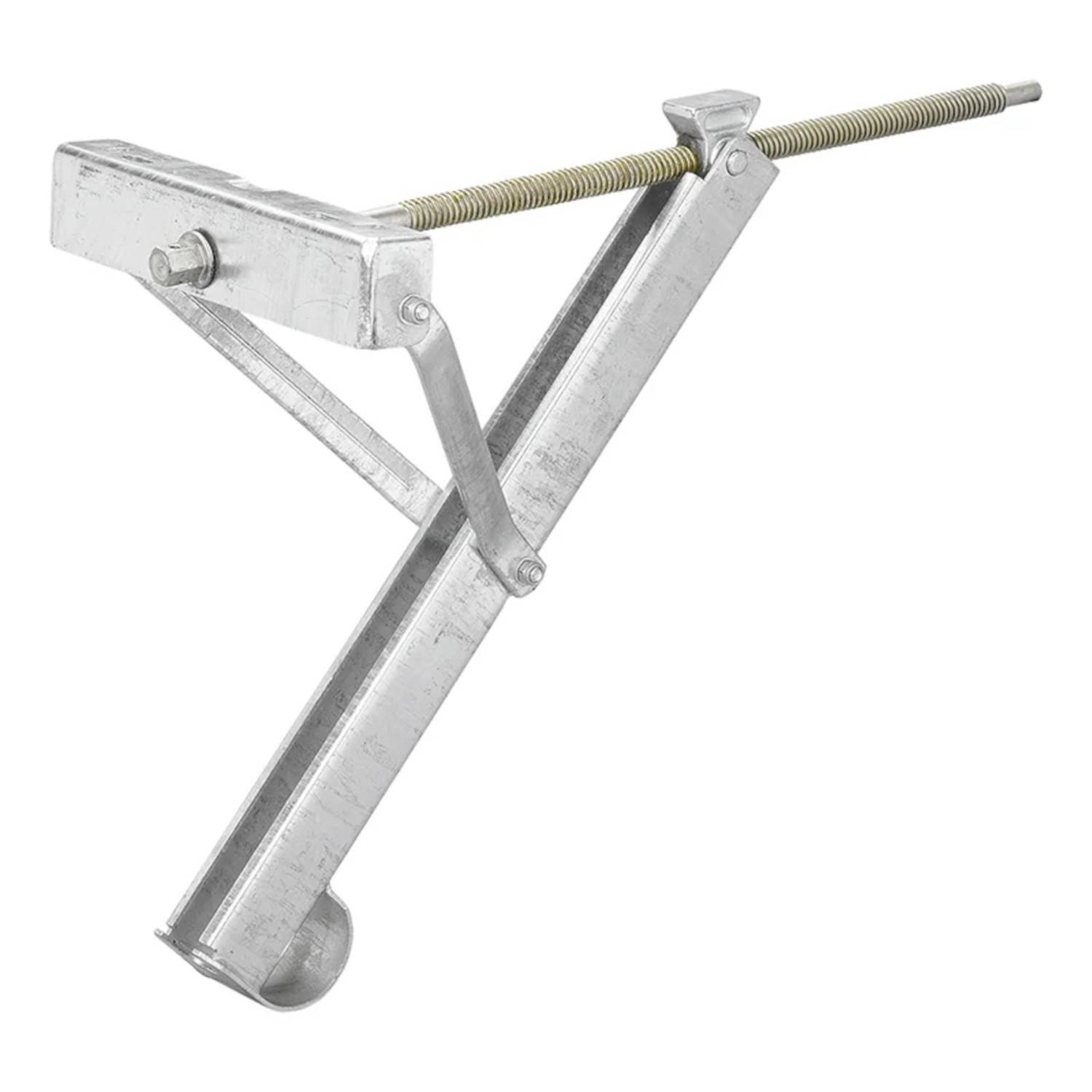 Metallbaugerüststütze mit einem Schraubenmechanismus und abgewinkelten Stützen, verwendet zum Höhenverstellungsmechanismus bei Bauprojekten.