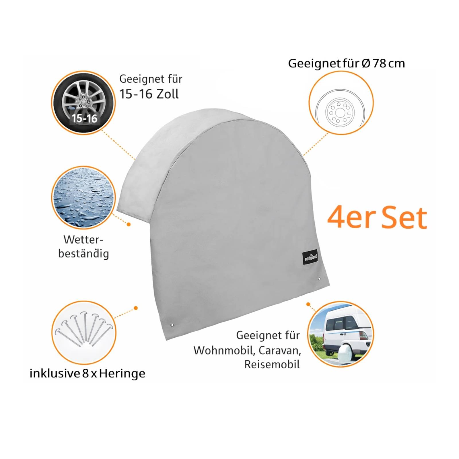 Radabdeckung Wohnwagen 15 - 16 Zoll Reifenabdeckung Wohnmobil + Heringen 78 cm