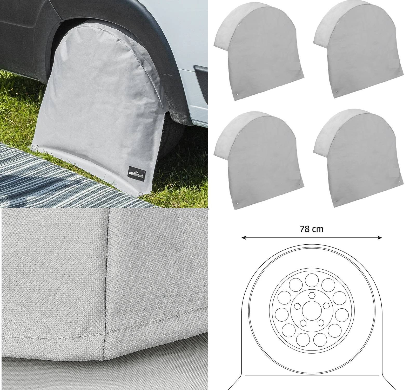 Radkappensatz für Fahrzeuge, der vier Schutzabdeckungen für Reifen zeigt. Detailaufnahme mit sichtbarer Materialtextur. Größe als 78 cm angegeben.