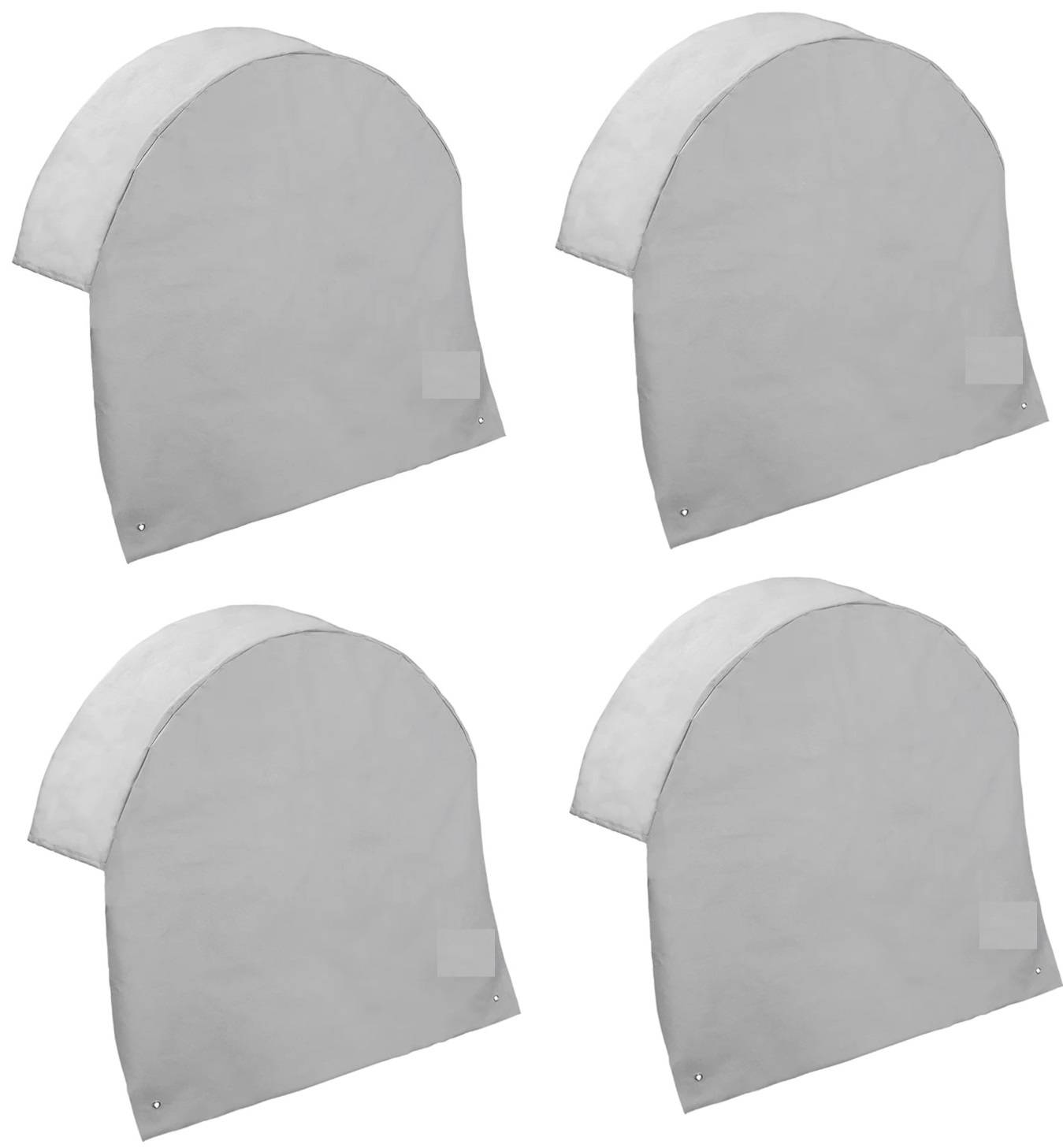 Vier identische graue Helmüberzüge, auf einem weißen Hintergrund angeordnet.