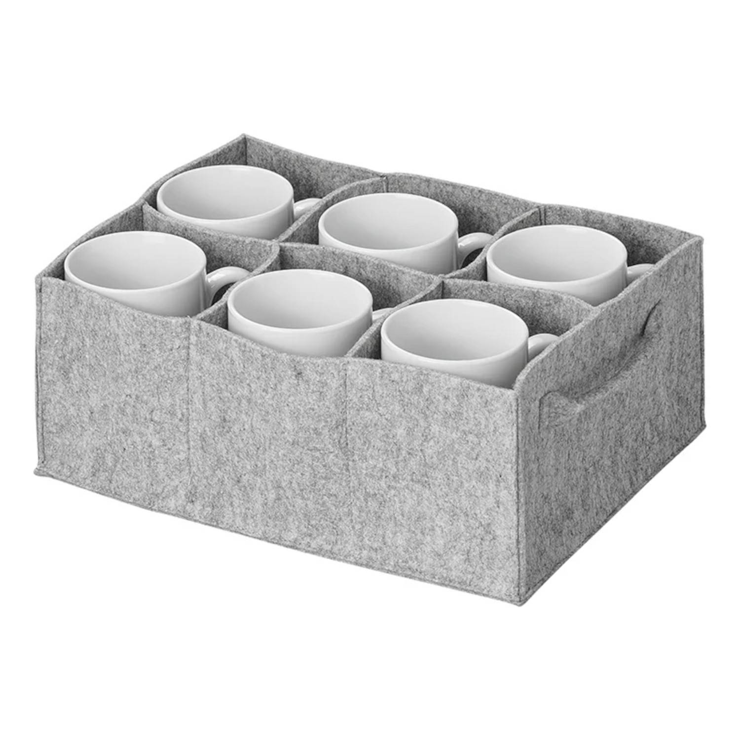 Graue Filz-Aufbewahrungsbox mit sechs weißen Keramiktassen, angeordnet in zwei Reihen. Die Box verfügt über separate Fächer für jede Tasse.