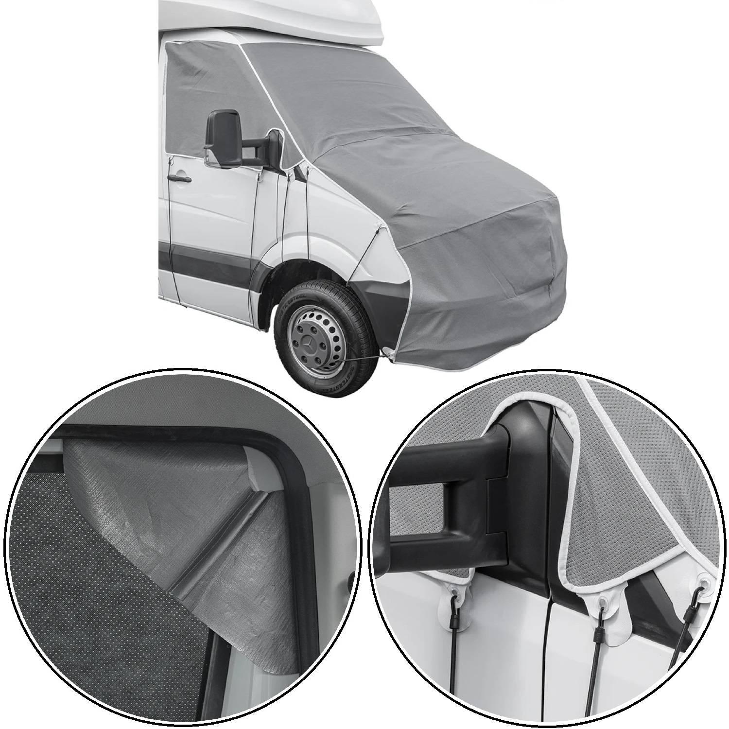 Ein Van, der mit einer schützenden grauen Abdeckung verhüllt ist; Detailausschnitte zeigen Nahaufnahmen von verstärkten Ecken und sicheren Gurten um den Seitenspiegel.