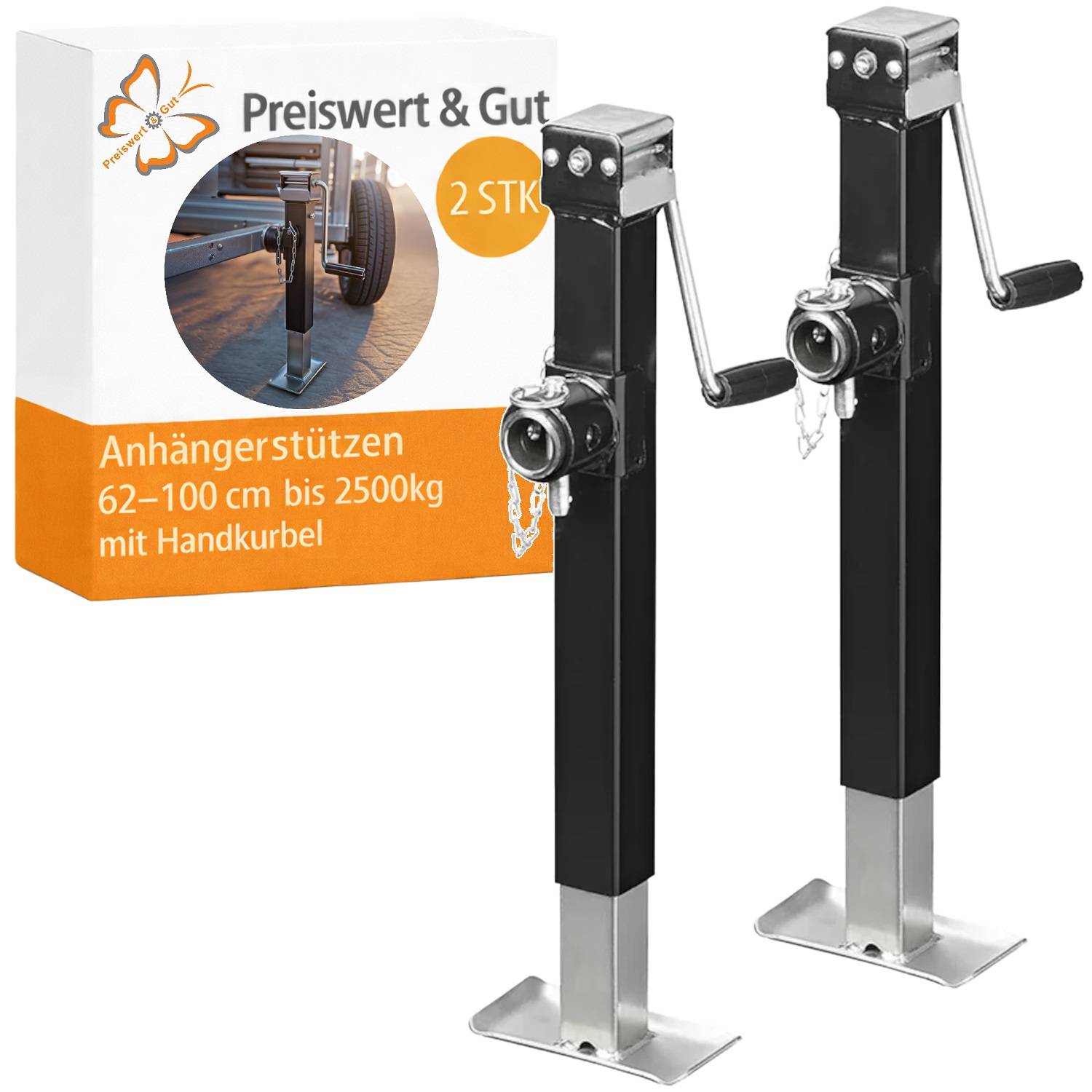 Zwei schwarze Anhänger-Stützen mit Handkurbeln werden neben ihrer Verpackung gezeigt, die ihre Verwendung veranschaulicht. Der deutsche Text beschreibt Merkmale und Tragfähigkeit.