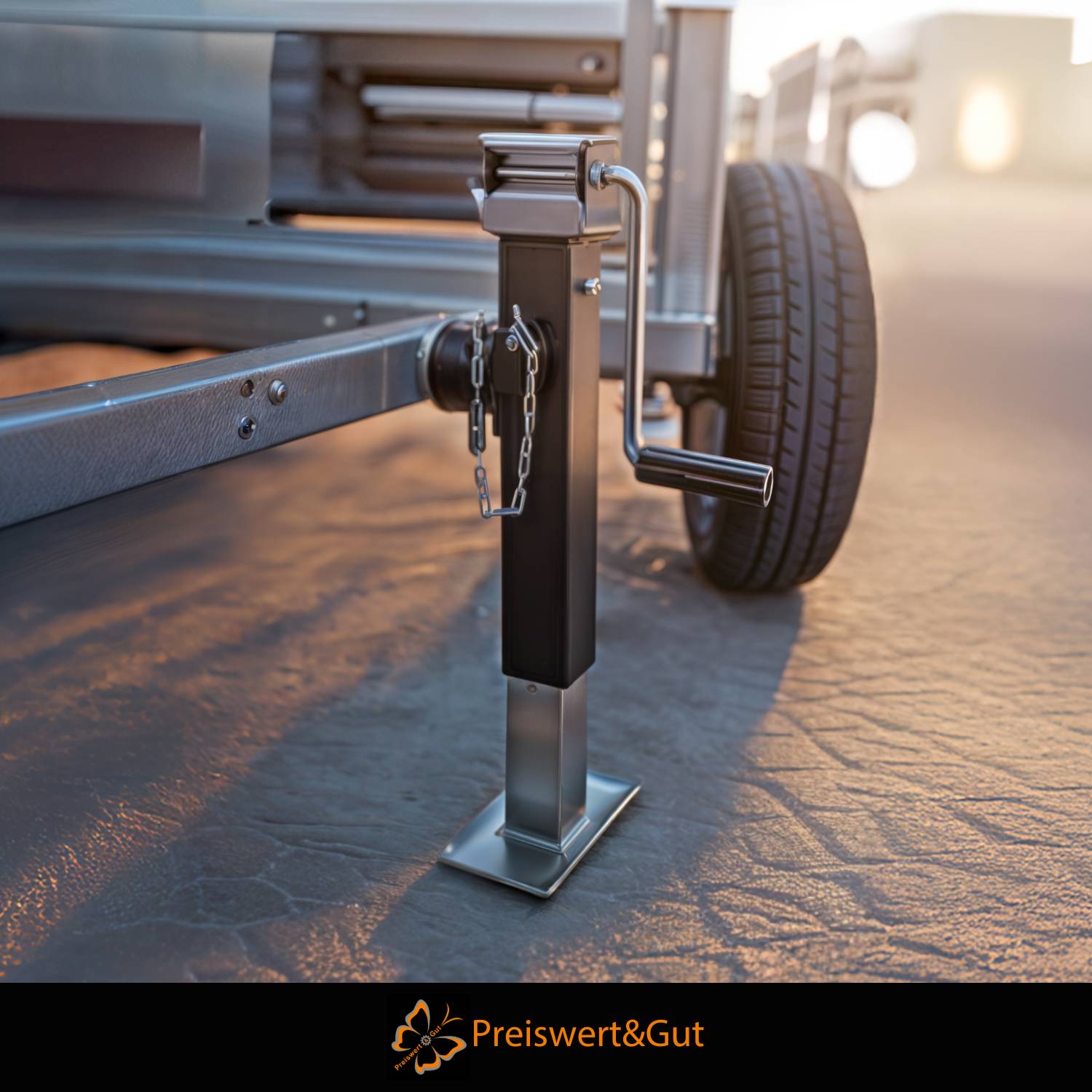 Eine Nahaufnahme eines Anhänger-Stützfußes mit einer Kurbelhandkurbel vor einem unscharfen Hintergrund von Anhänger und Rad. Logo unten liest sich: Preiswert&Gut.