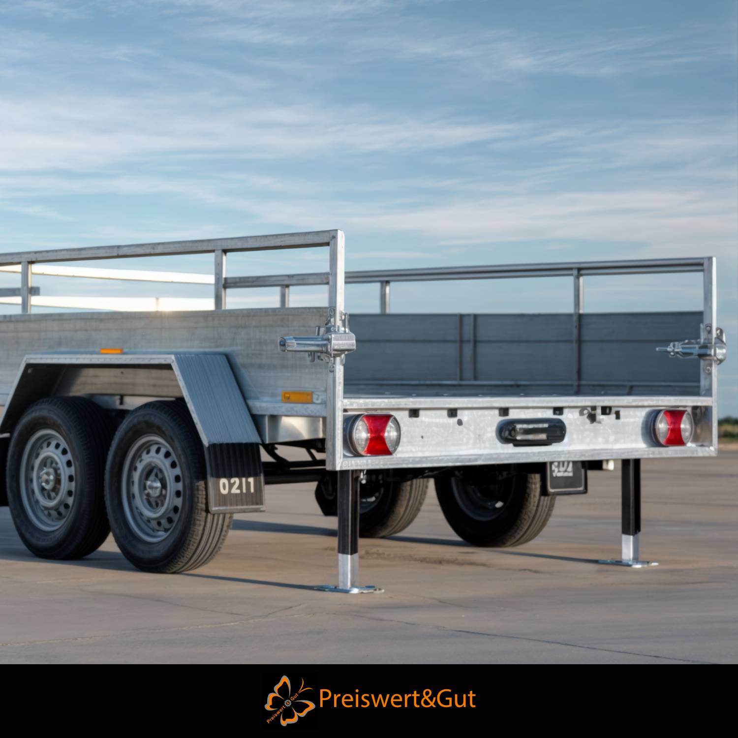 Ein Metallanhänger mit Doppelachsen ist auf einer Betonoberfläche unter einem klaren Himmel geparkt. Er verfügt über Geländer an den Seiten und eine kleine Trittstufe am Heck.