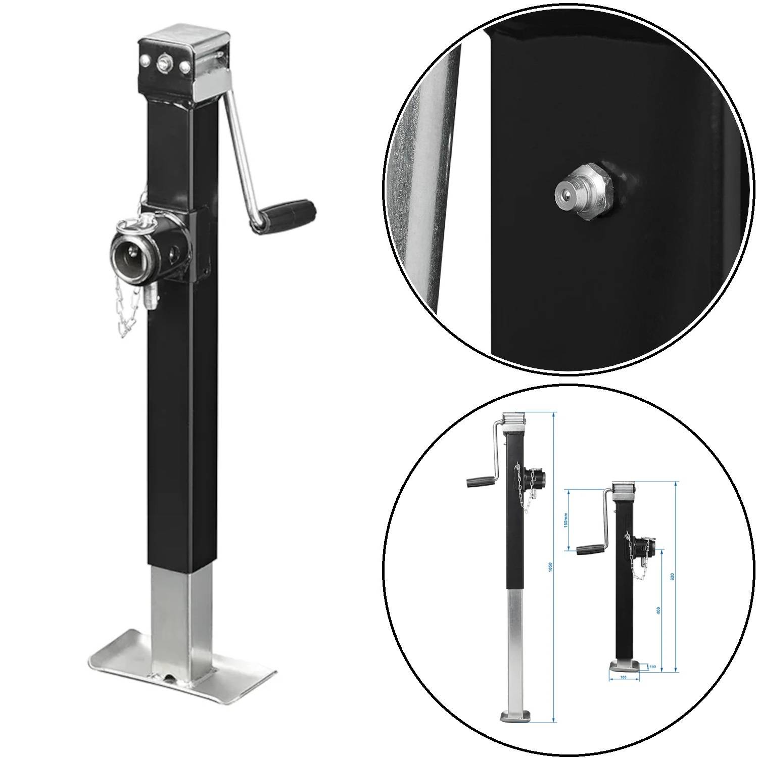 Bootstrailer-Wagenheber mit Kurbel, Nahaufnahme des Bolzens an der Seite zur Verstärkung, Diagramm mit Maßangaben und Seitenansicht zur detaillierten Darstellung.