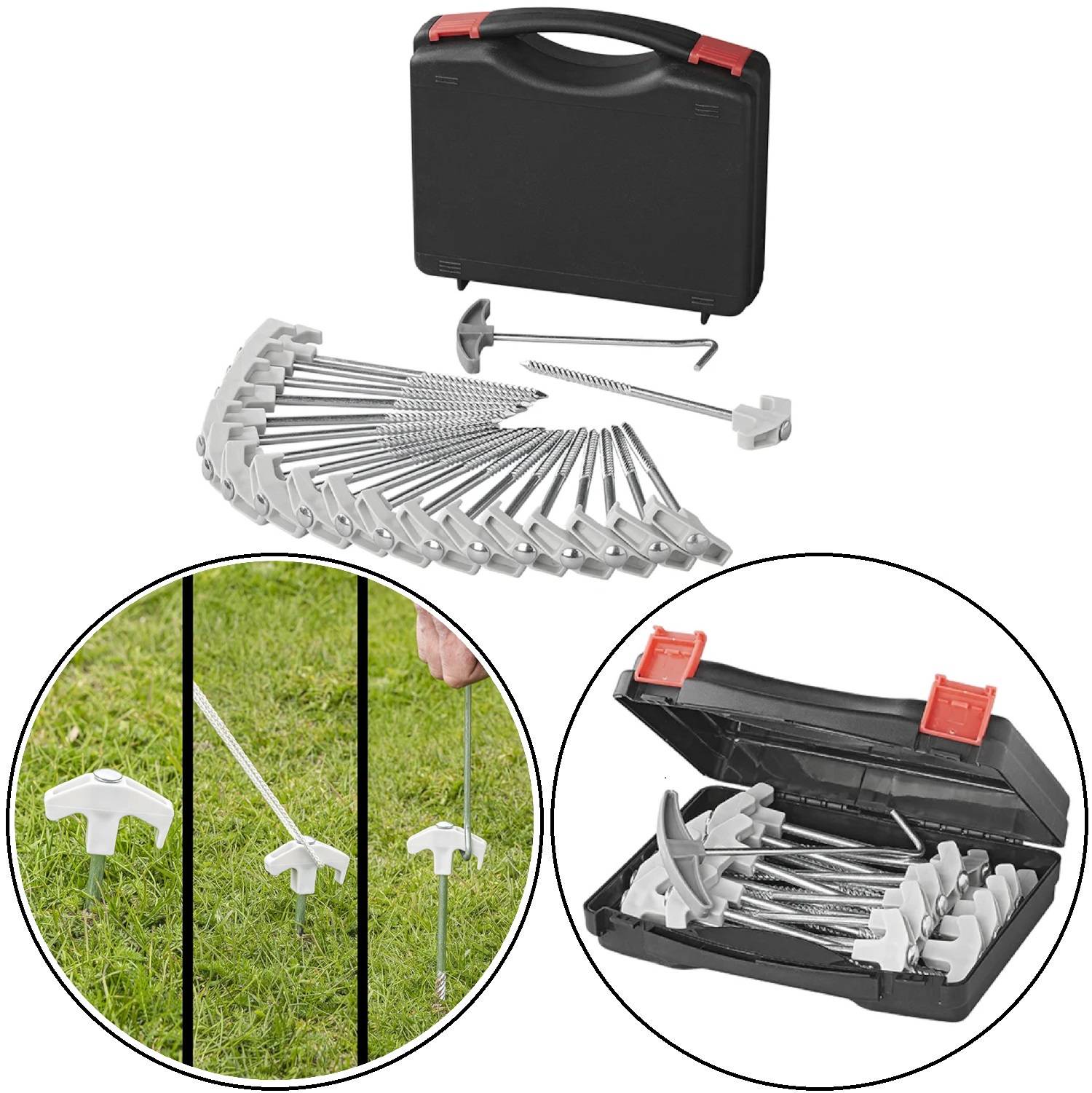Bild eines Sets mit Metallbodenpflöcken und einer Aufbewahrungsbox. Die Pflöcke sind zu sehen, wie sie ein Seil im Gras befestigen. Die Box zeigt eine organisierte Aufbewahrung der Pflöcke.