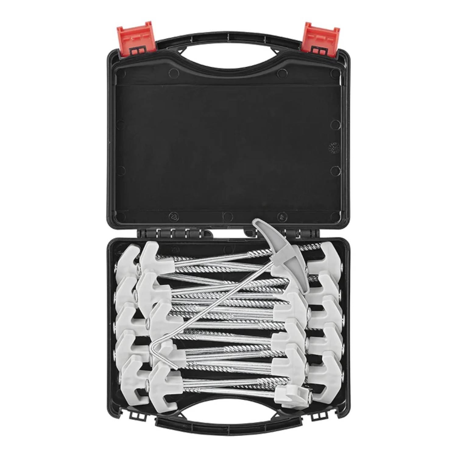 Ein schwarzer Koffer, der einen Satz Heringe mit grauen Köpfen und spiralförmigen Metallstäben enthält, die sauber darin angeordnet sind.