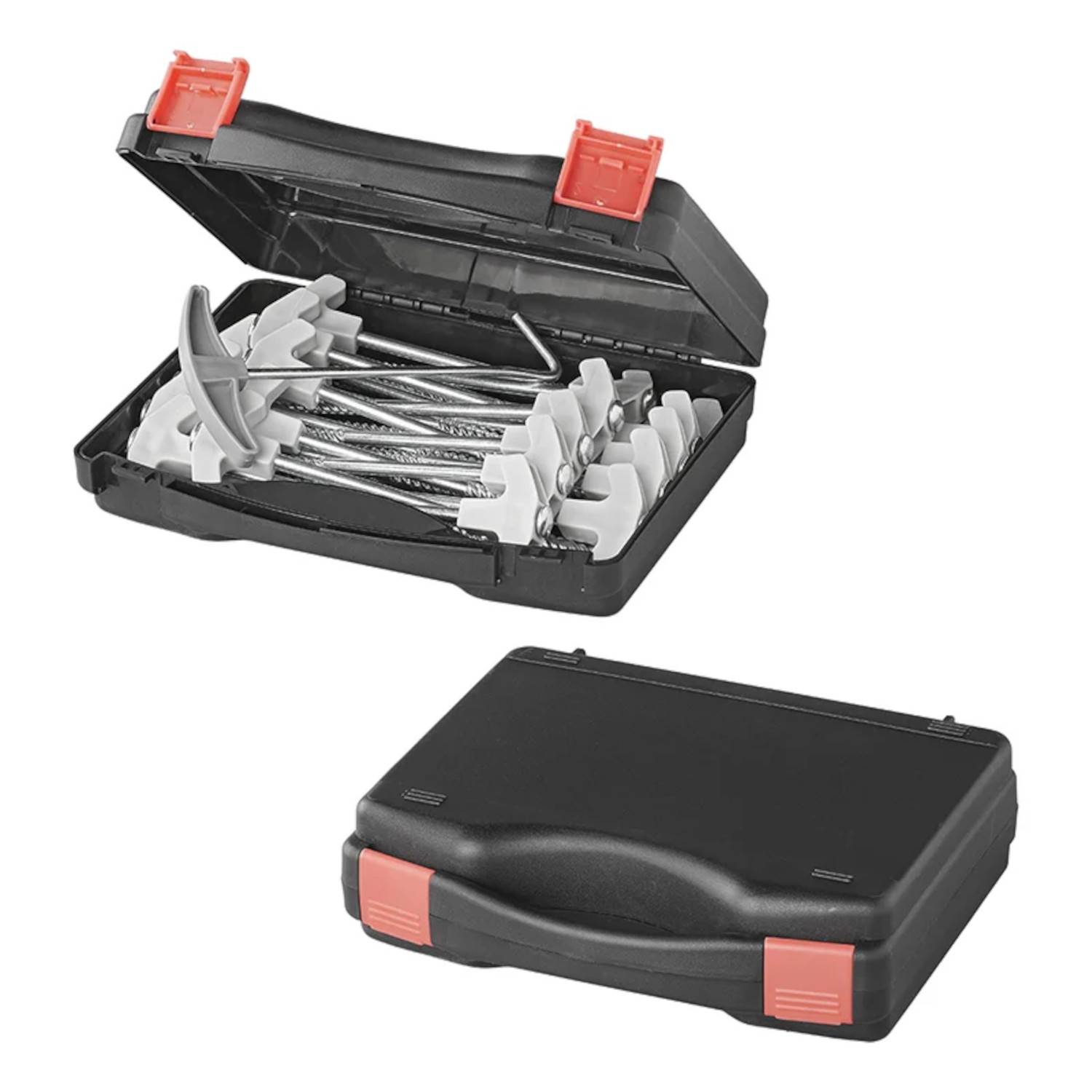 Eine schwarze Kunststoff-Transporttasche mit roten Verschlüssen, geöffnet, um einen Satz von sechs Metallwerkzeugen mit Schlaufen zu zeigen, und geschlossen, um die Transportierbarkeit zu demonstrieren.