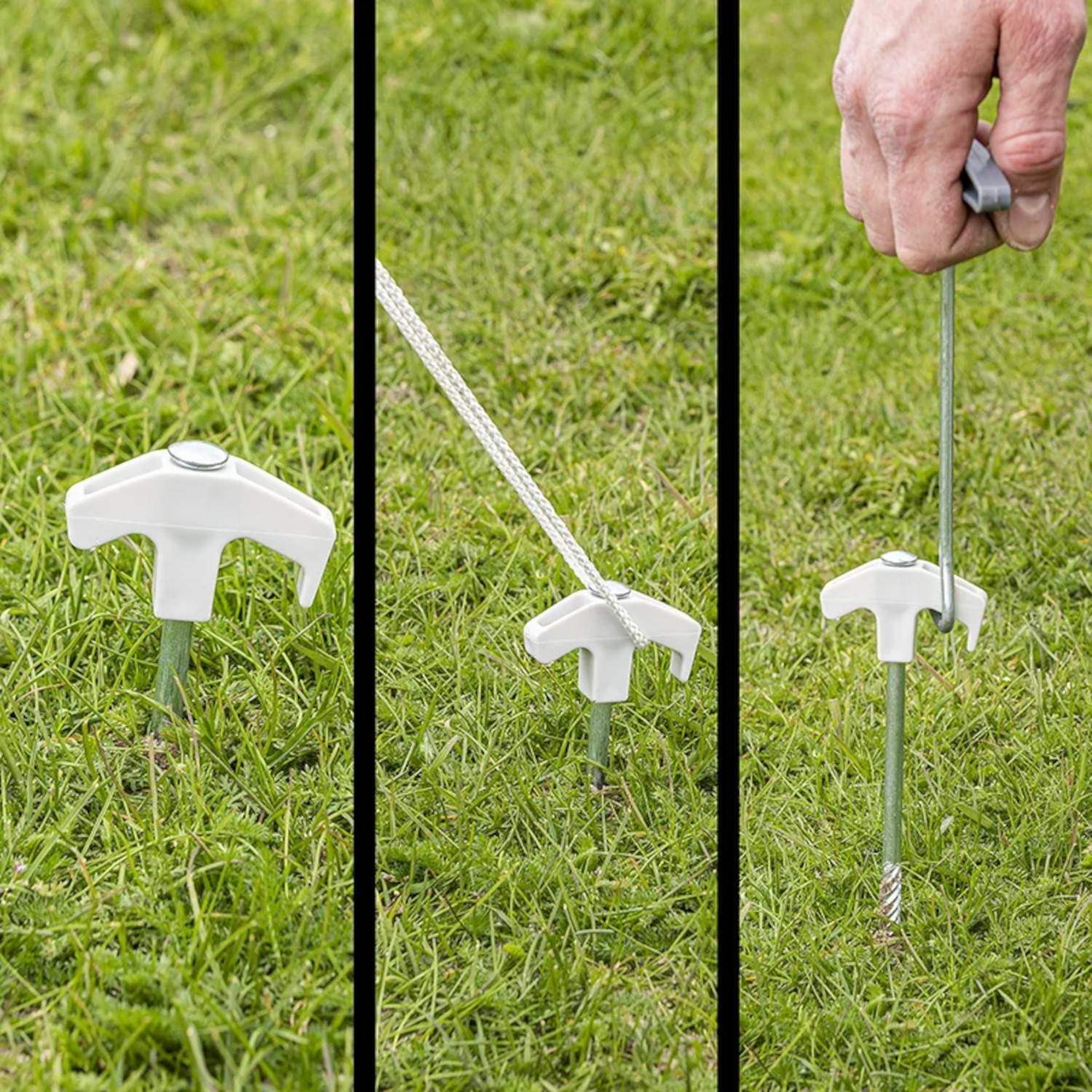 Eine Hand rammt einen Pflock in den Rasen und spannt eine Linie straff. Der Pflock hat einen T-förmigen Kopf und zeigt Schritt für Schritt, wie er zu befestigen ist.