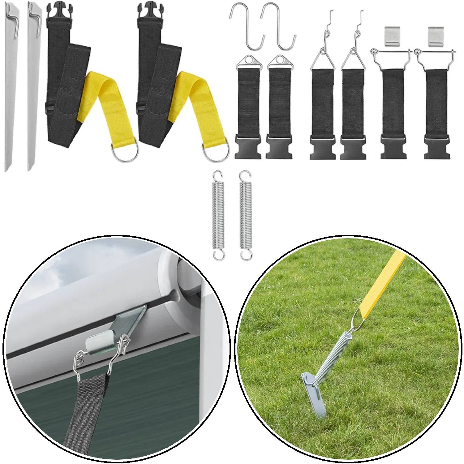 Das Bild zeigt einen Ersatz-Schaukelüberdachungs-Kit mit Gurten, Haken und Federn für die Installation. Enthält eine Nahaufnahme der Anbringung.