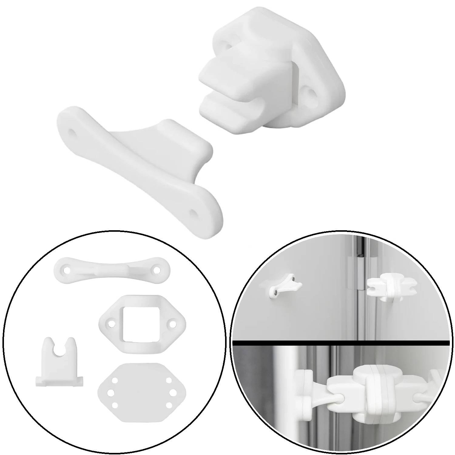 Weißes Kunststoff-Möbelbeschlag-Set mit Schrauben, das verschiedene Komponenten zeigt. Enthält eine installierte Beispielanwendung an Schranktüren, die die Verwendung veranschaulicht.
