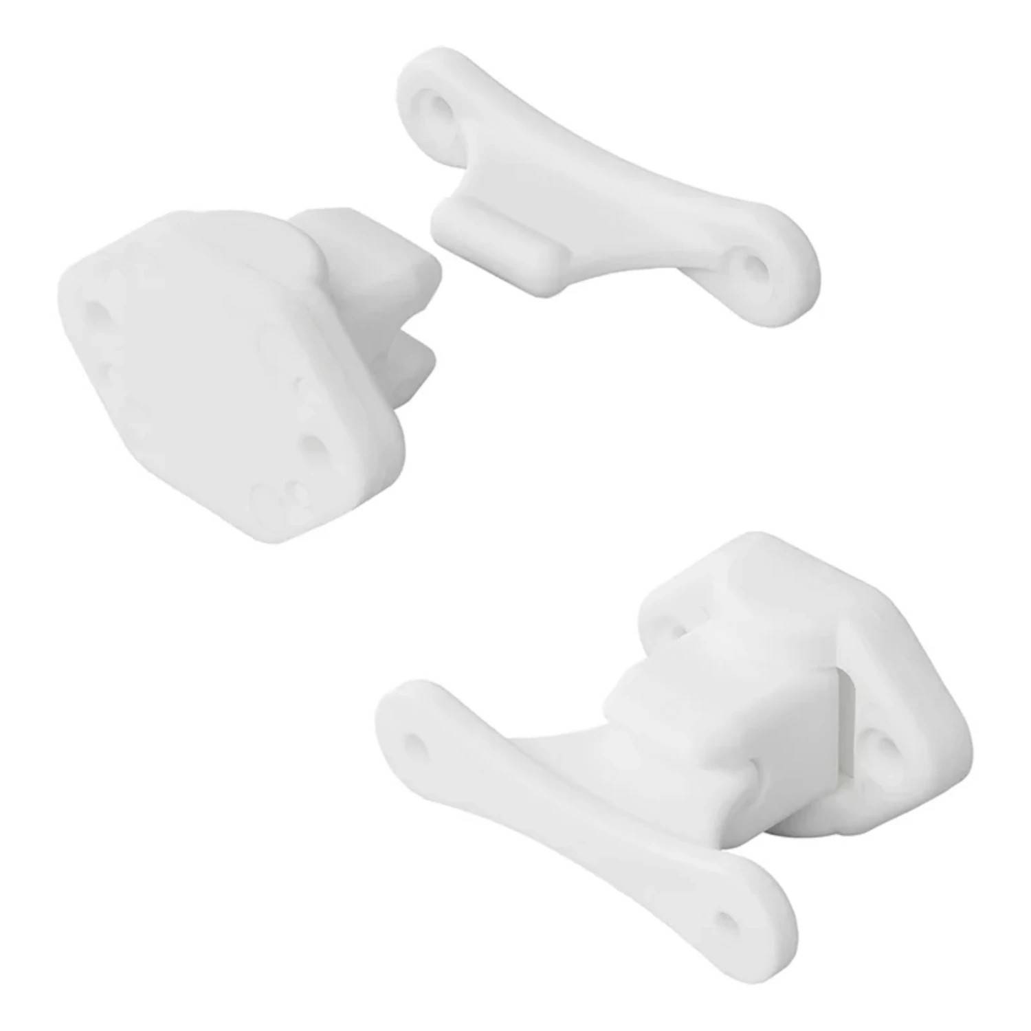 Eine weiße Kunststoff-Kindersicherung mit zwei ineinandergreifenden Teilen, entwickelt zum Sichern von Schränken oder Schubladen, um den Zugang für Kinder zu verhindern.