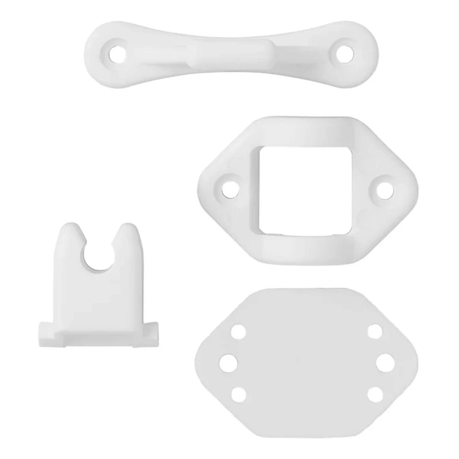 Vier weiße Kunststoff-Montagehalterungen unterschiedlicher Formen und Größen, die auf einem weißen Hintergrund angeordnet sind.