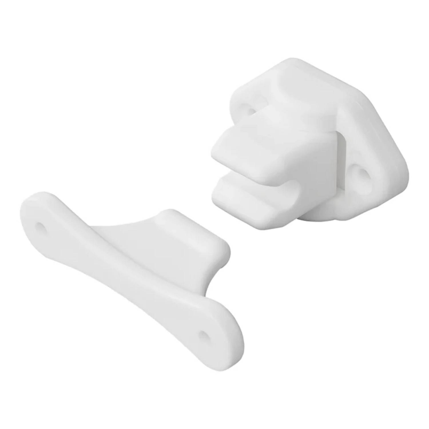 Weißer Kunststoff-Kindersicherungsriegel mit einem klappbaren Verschluss und zwei Bohrlöchern, entwickelt, um Schränke oder Schubladen zu sichern und deren Öffnen zu verhindern.