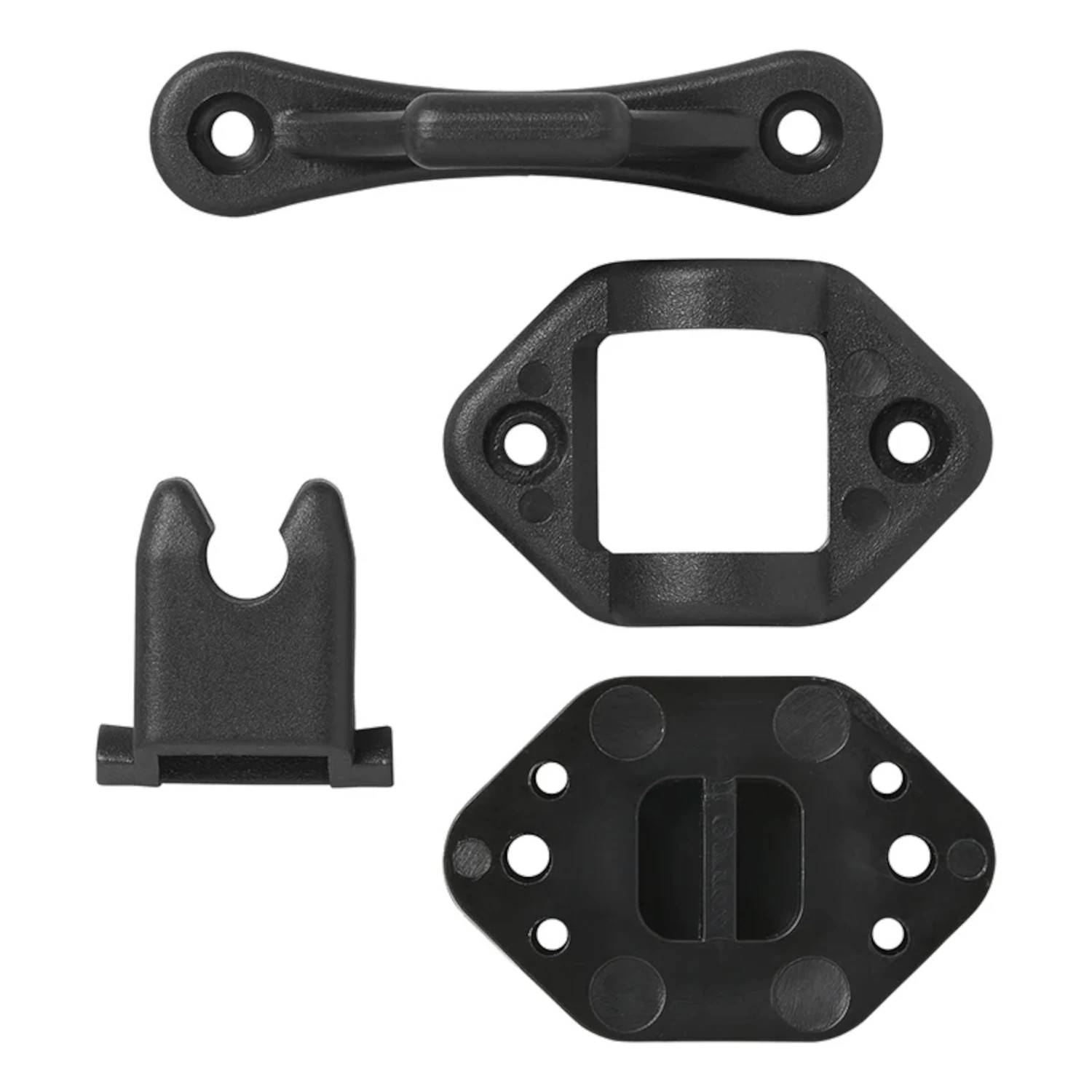 Vier schwarze Kunststoff-Bootszubehörteile auf weißem Hintergrund: ein Griff, eine rechteckige Halterung, ein gabelförmiger Clip und eine Mehrlochmontagebase.