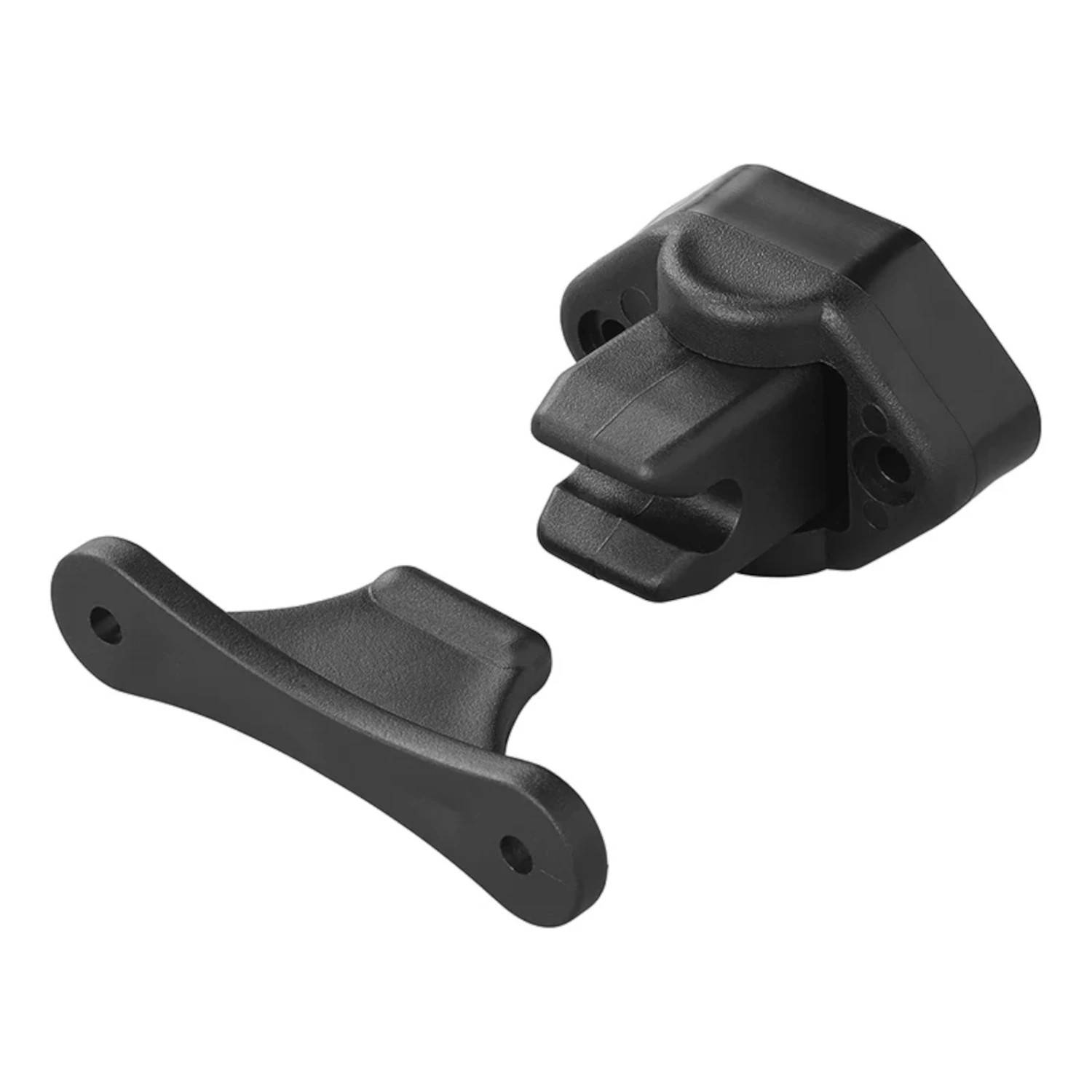 Schwarze Kunststoffschnalle mit zwei Teilen: einem Verschluss und einem Halter, die zum Sichern von Riemen entwickelt wurde.