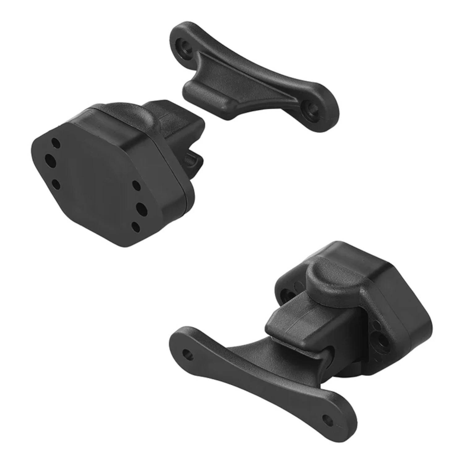 Zwei schwarze Kunststoff-Verschlusskomponenten, eine mit einem gebogenen Griff und die andere mit einer passenden Basis, entwickelt zum Sichern oder Verriegeln.