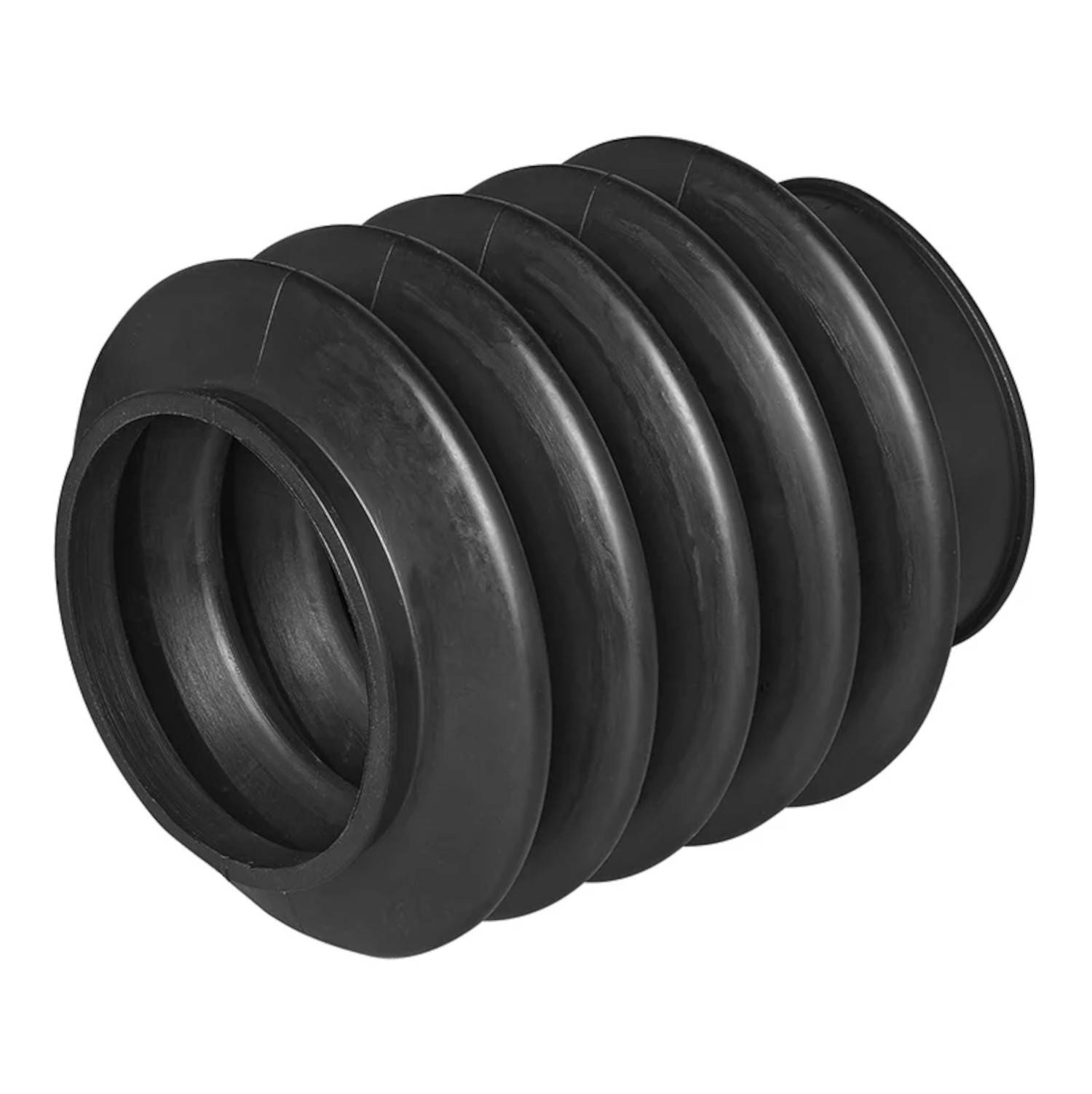 Eine schwarze Gummibälge, die verwendet wird, um mechanische Komponenten zu schützen und abzudichten, zeigt ihre flexible, akkordeonartige Struktur.