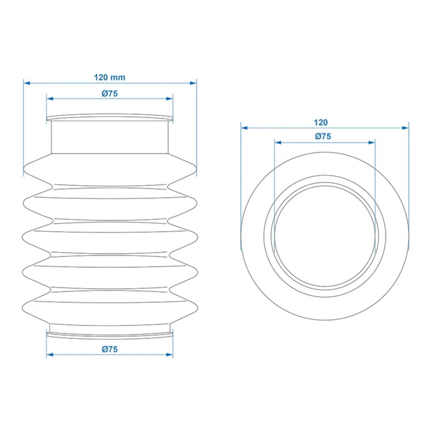Diagramm einer expandierbaren Schlauch mit einer Seitenansicht links und einer Draufsicht rechts. Abmessungen sind 120 mm Länge und 75 mm Durchmesser.