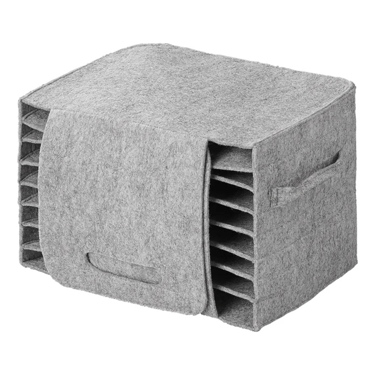 Ein grauer Filage-Organizer mit mehreren Fächern und einer Klappe, konzipiert zum Aufbewahren von Dokumenten oder Papieren.