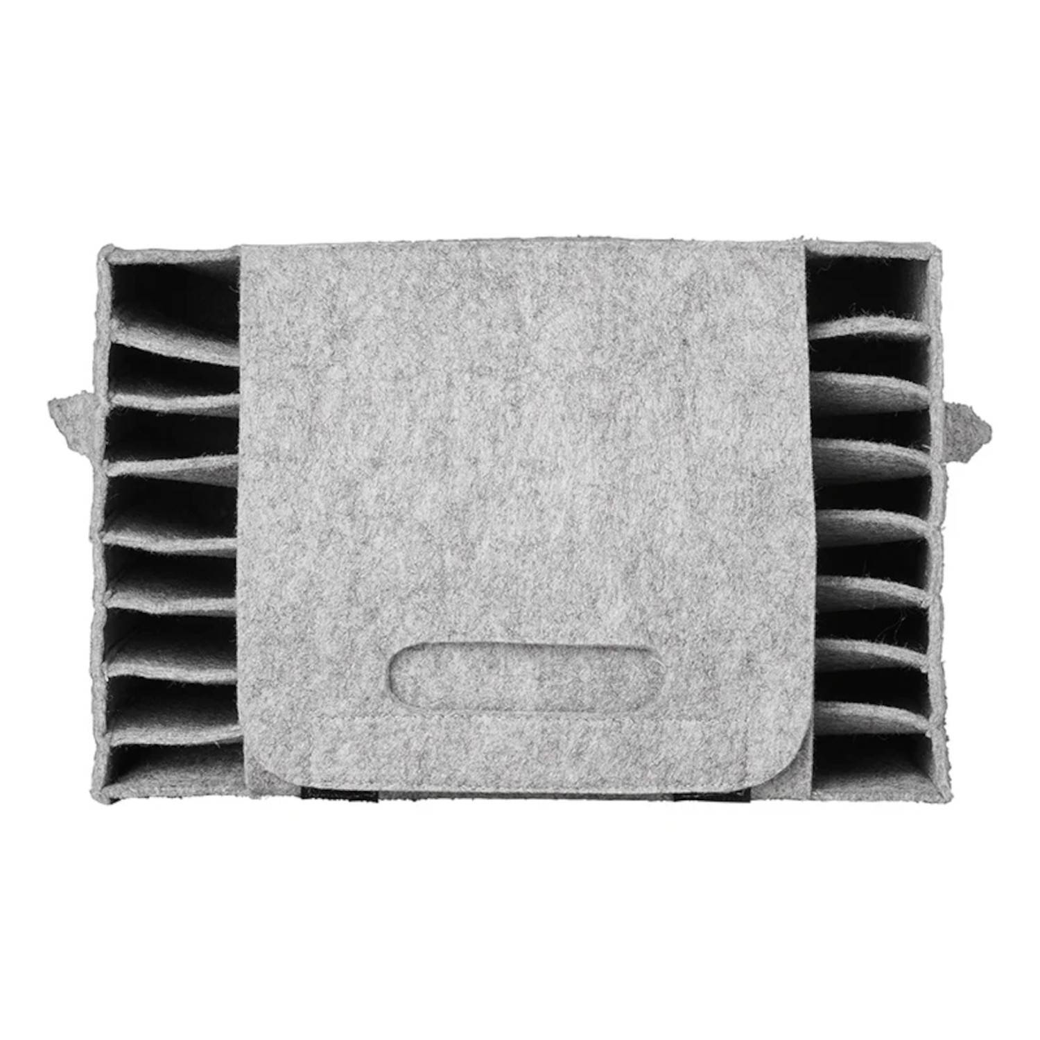 Ein grauer Filz-Aufbewahrungsbeutel mit mehreren Fächern und einem Klappenverschluss, der zum Organisieren von kleinen Gegenständen oder Accessoires entwickelt wurde.