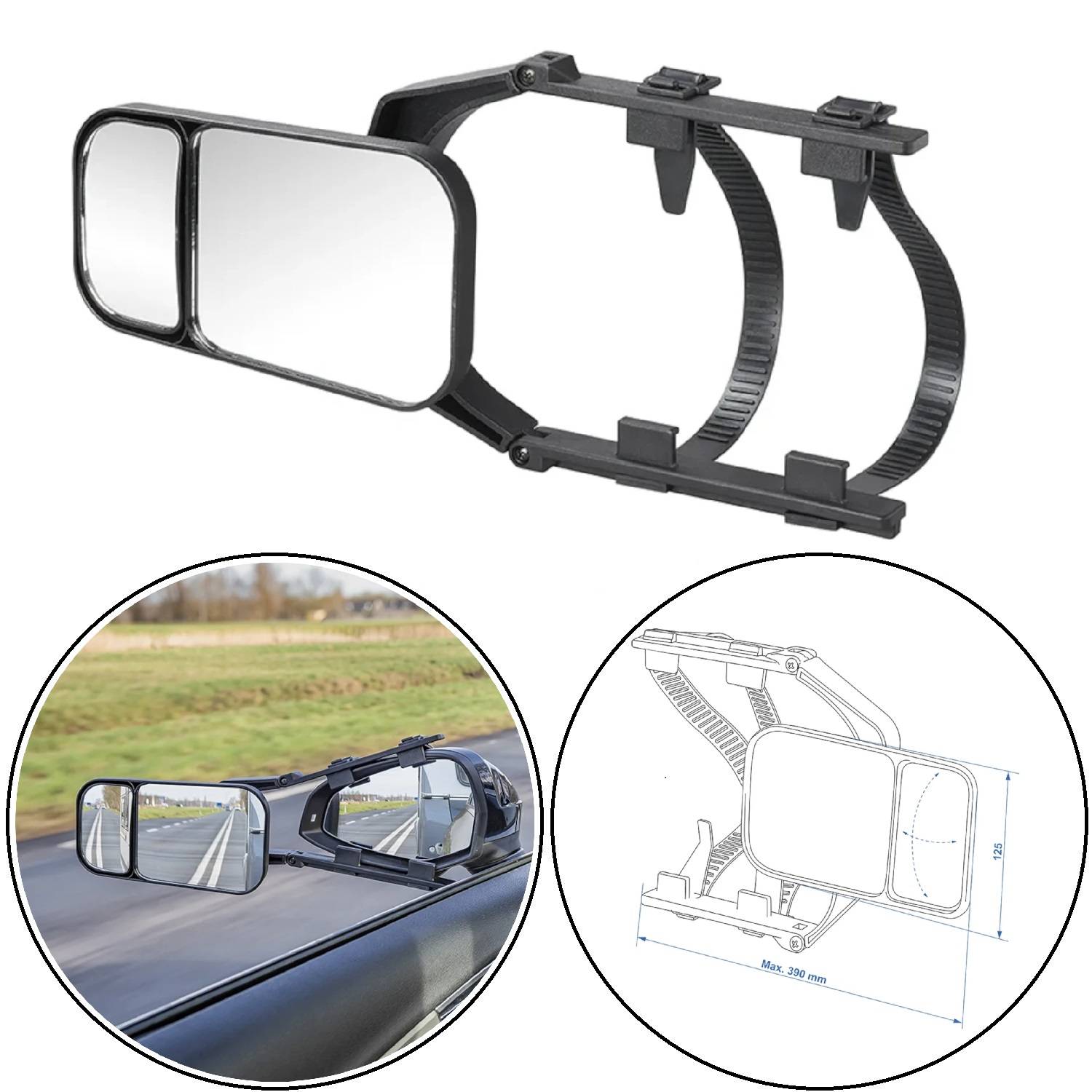 Anhängespiegel für ein Fahrzeug, dargestellt in einem Foto und einem technischen Diagramm. Der Spiegel erweitert die Sicht des Fahrers für sicheres Abschleppen.
