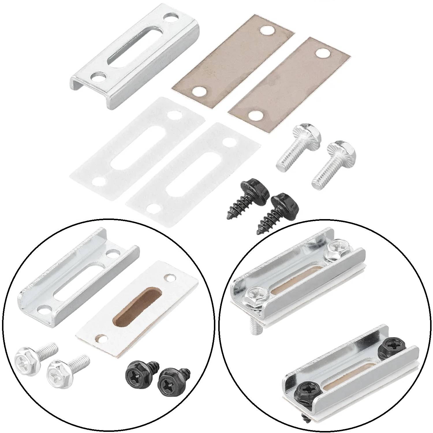 Metallriegel-Komponenten mit Schrauben und Halterungen, zerlegt dargestellt. Detailaufnahmen zeigen verschiedene Komponenten und Schraubentypen.