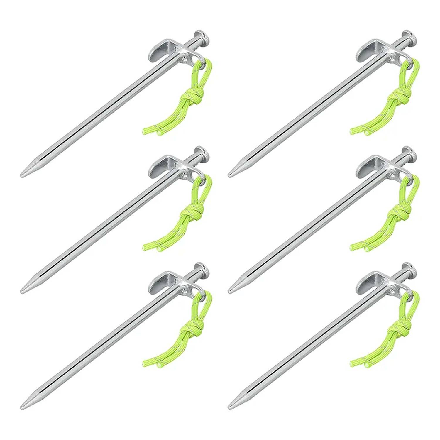 Sechs silberne Metallheringe mit grünen Schnüren, gleichmäßig auf einem weißen Hintergrund angeordnet.