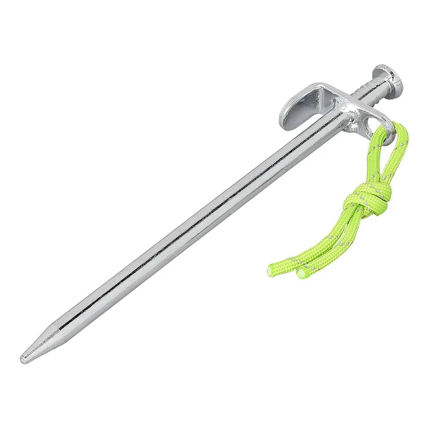 Ein silberner Aluminium-Zeltheringe mit einer spitzen Spitze und einem Haken oben. Eine neongrüne Schnur ist um den Haken gebunden.