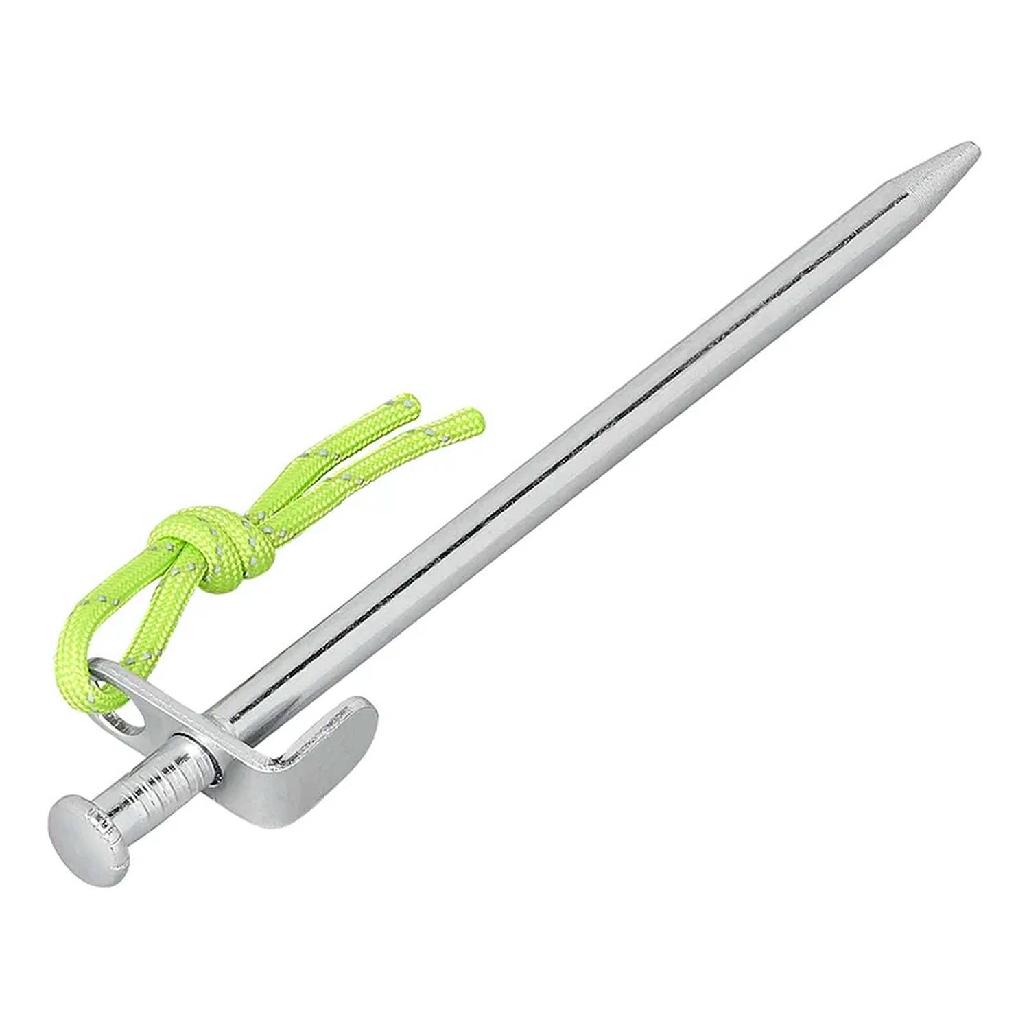 Ein silberner Metallzeltheringe mit einem gehakten Ende und einer lindgrünen Schnur daran.