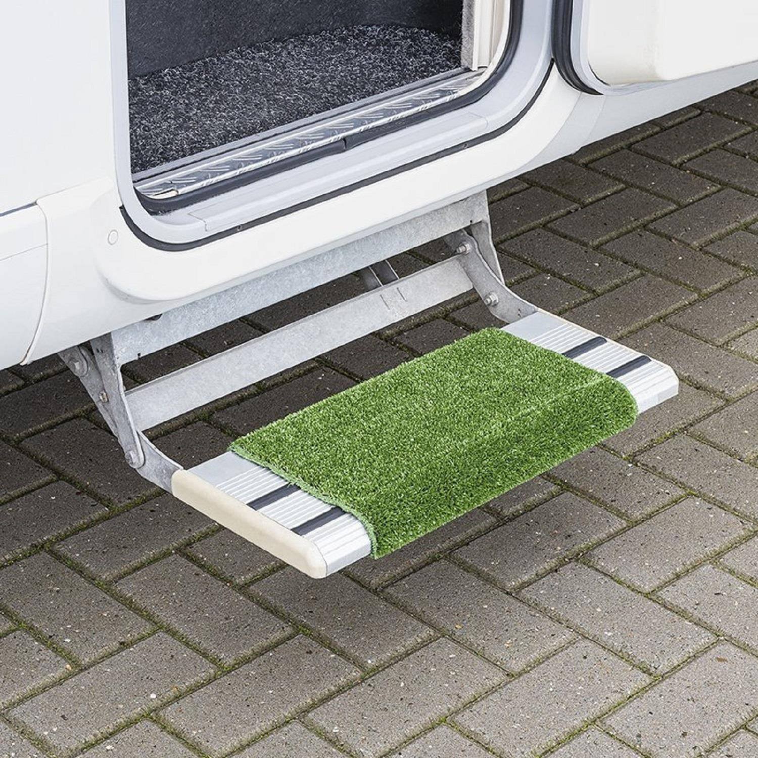 Stufe mit grüner Matte, die zu einer offenen weißen Wohnmobiltür führt und einen strukturierten schwarzen Boden im Inneren zeigt.
