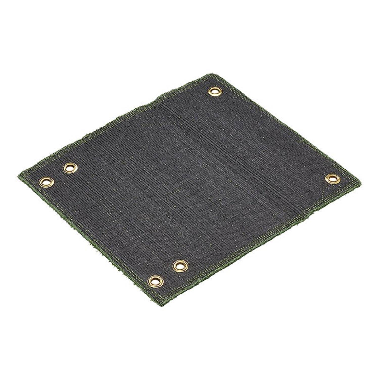 Eine quadratische schwarze Plane mit verstärkten Kanten und Messingösen an jeder Ecke, die zum Abdecken oder Schützen von Oberflächen verwendet wird.