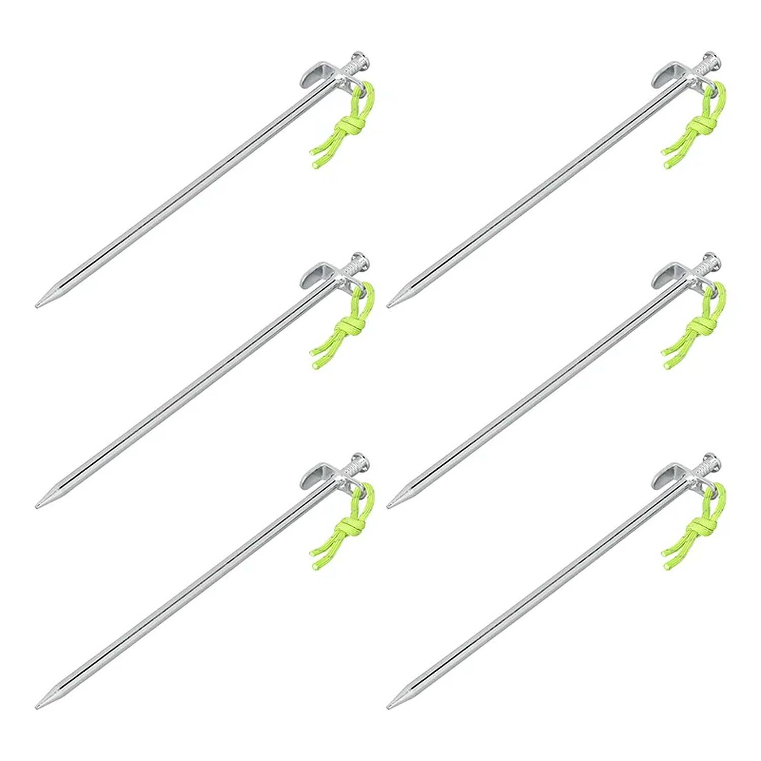 Sechs Metallzeltheringe mit angebrachten hellgrünen Seilen sind diagonal angeordnet und unterstreichen ihre Verwendung für Campingzwecke.