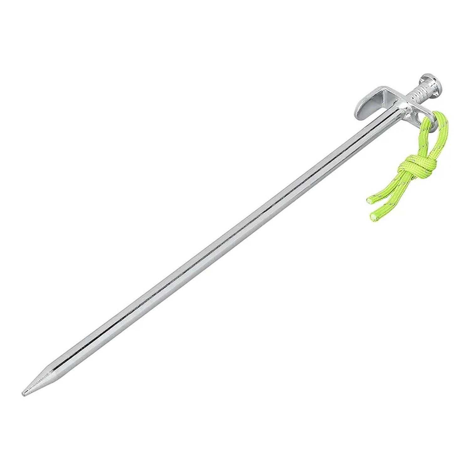 Ein Zeltheringe aus Metall mit einer spitzen Spitze, entwickelt zum Befestigen von Zelten. Er verfügt über einen Haken an der Oberseite mit einem grünen Seil zur einfachen Handhabung.