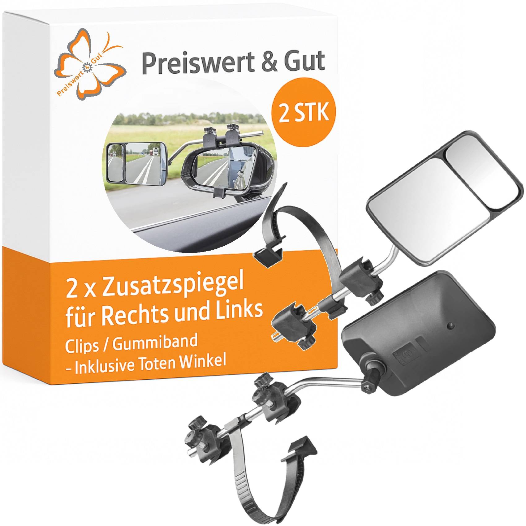 Seitenspiegel-Erweiterungsset für rechts und links, inklusive toter-Winkel-Spiegel, Clips und Gummiband, mit Verpackung zur Montagedarstellung.